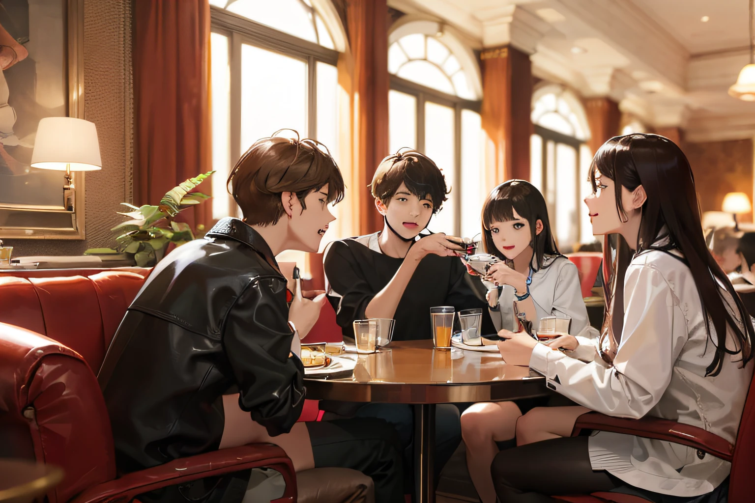 (In a luxurious hotel private room, a group of young people in their twenties is eating, drinking, and chatting.)