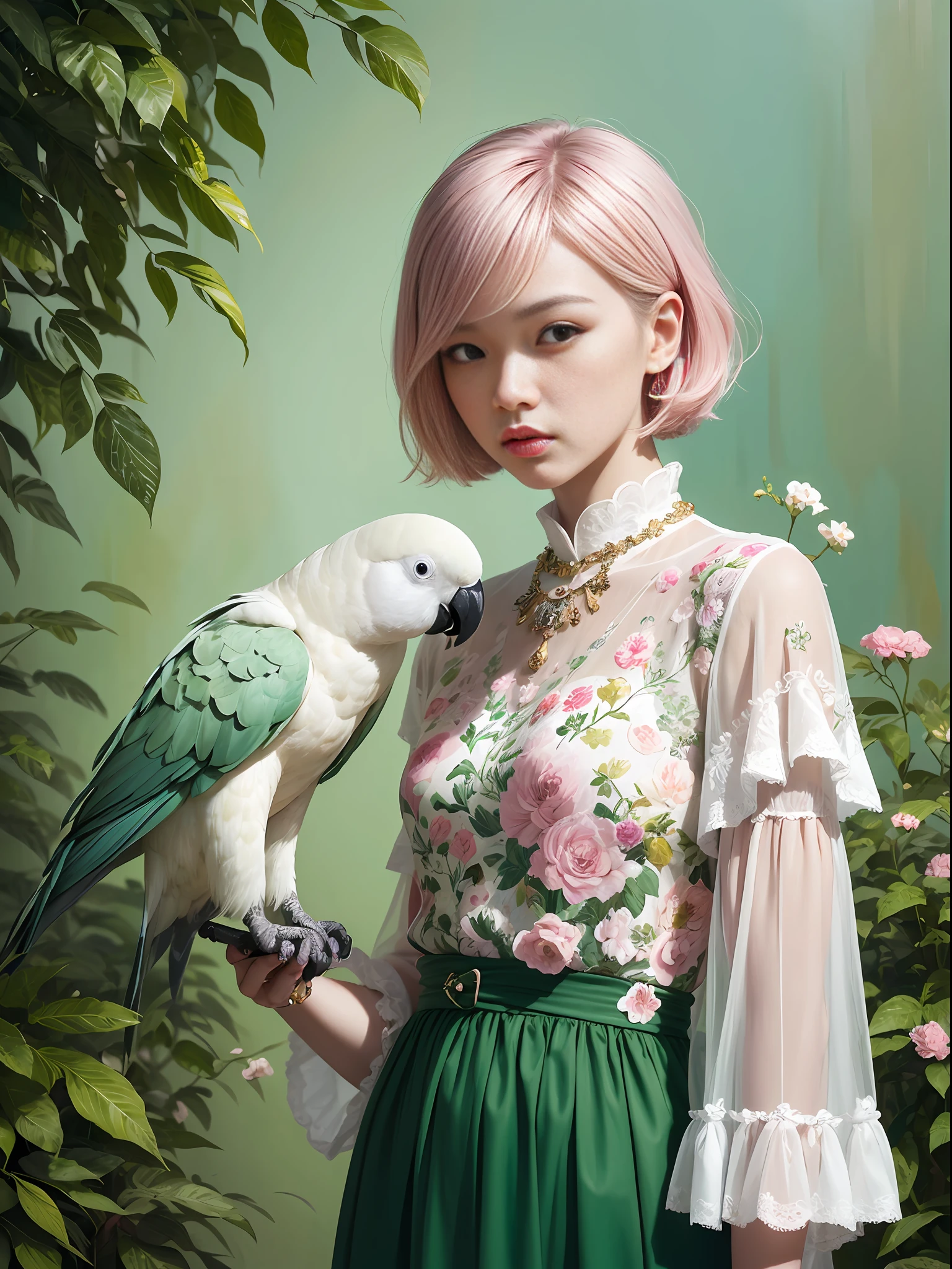 A fashion magazine, Hyperrealistic oil painting, a pure white parrot, Short hair neutral woman, pink and emerald, Plants cover the background, (style of artist hsiao-ron cheng), Composition of artwork,shiny hair, cowboy shot, Art Deco, Verism, bloom, award winning, retina --auto
