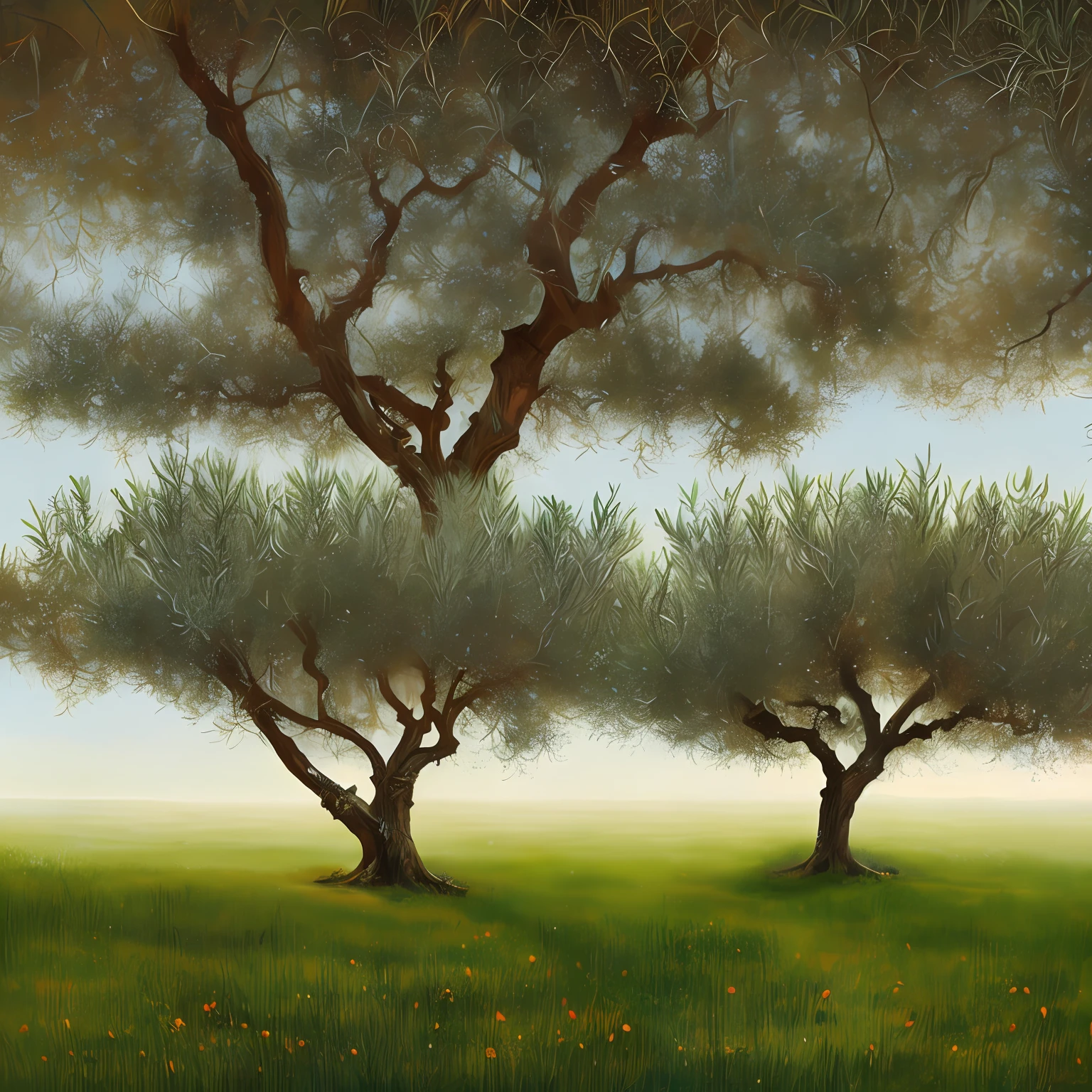 A painting of an olive tree canopy with leaves and fruit on a blurred white background, in the style of jon j muth, panoramic scale, organic forms, muted tones, zhang kechun, intricate foliage, ultrafine detail, carolyn blish