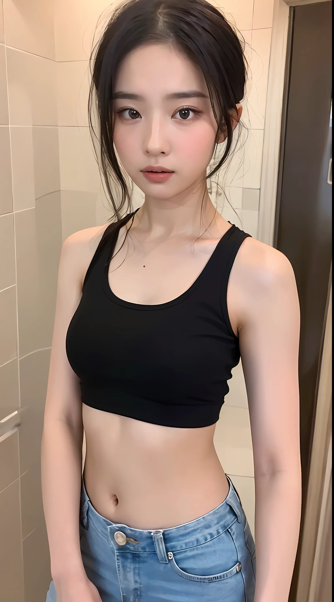 ((Best quality, 8k, Masterpiece :1.3)), Sharp focus:1.2, Perfect Body Beauty:1.4, Slim Abs:1.2, (Layered hairstyle: 1.2)), (Tank top shirt:1.1), (Bathroom:1.2), Highly detailed face and skin texture, Fine eyes, Double eyelids