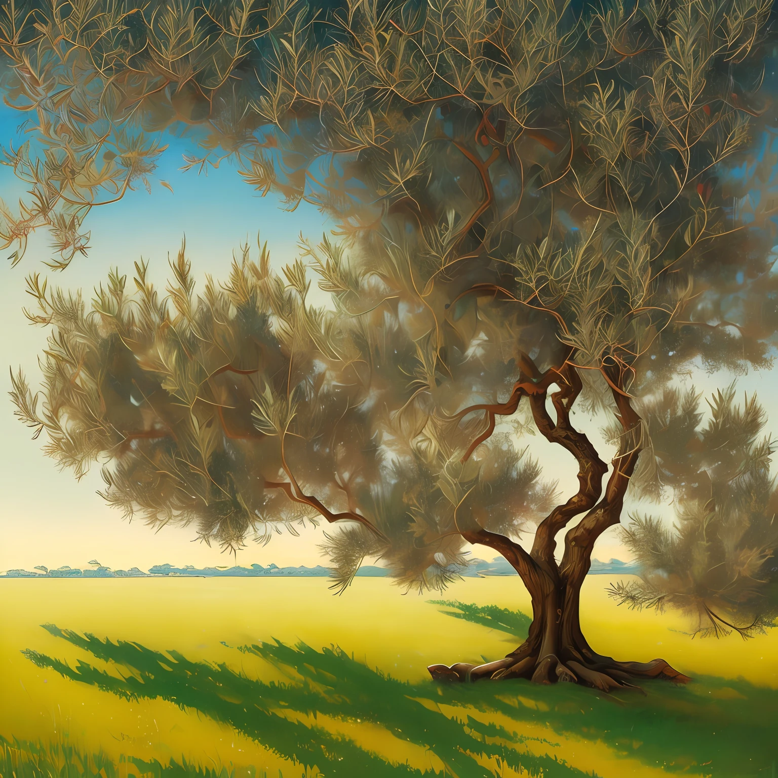 A painting of an olive tree canopy with leaves and fruit on a blurred white background, in the style of jon j muth, panoramic scale, organic forms, muted tones, zhang kechun, intricate foliage, ultrafine detail, carolyn blish