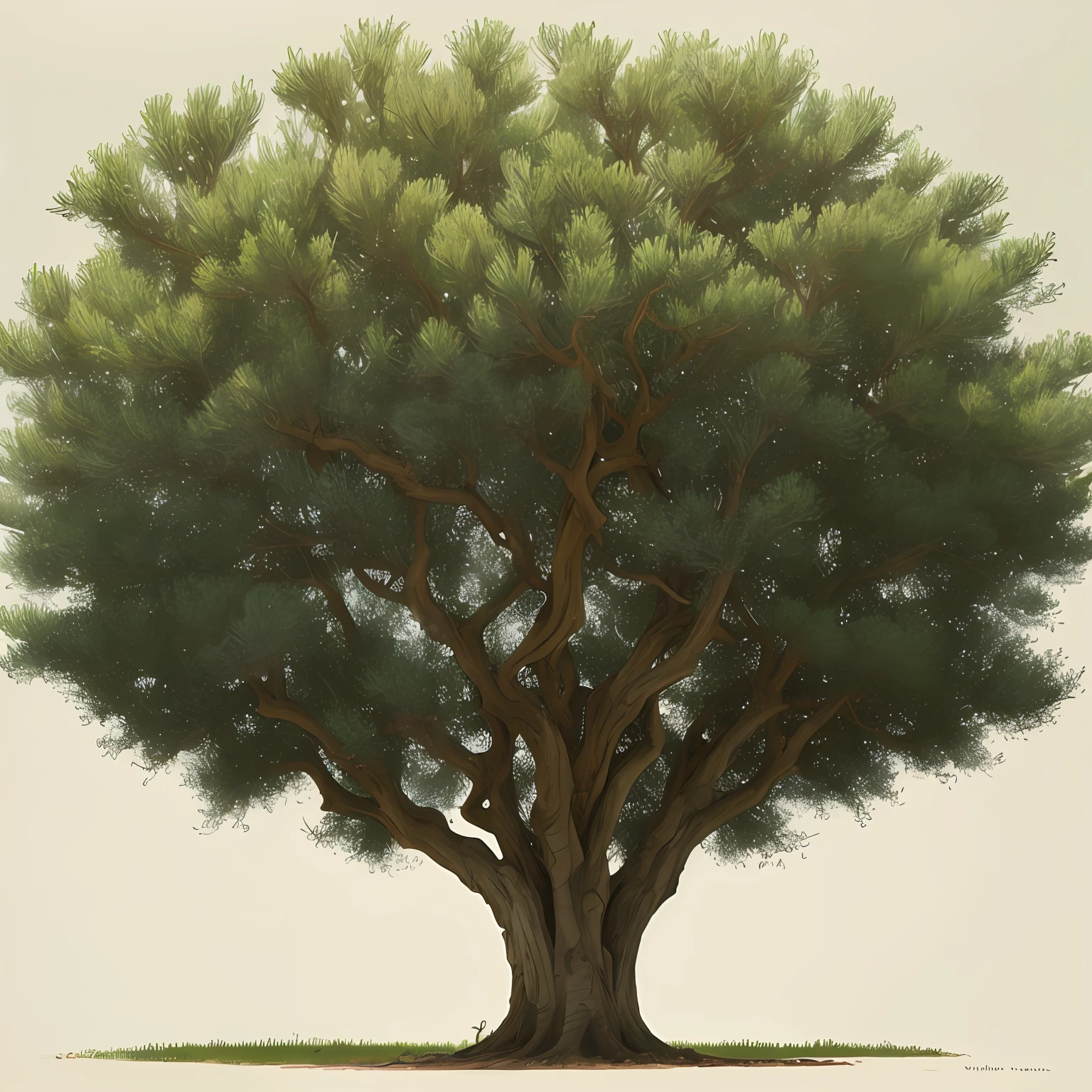 A painting of an olive tree cpy with leaves and fruit on a blurred white background, in the style of jon j muth, panoramic scale, organic forms, muted tones, zhang kechun, intricate foliage, ultrafine detail, carolyn blish