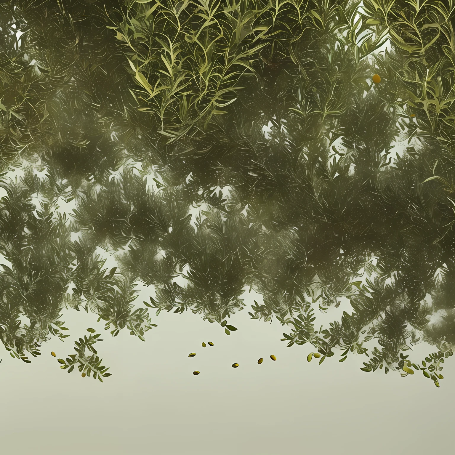 A painting of an olive tree canopy with leaves and fruit on a blurred white background, in the style of jon j muth, panoramic scale, organic forms, muted tones, zhang kechun, intricate foliage, ultrafine detail, carolyn blish --auto