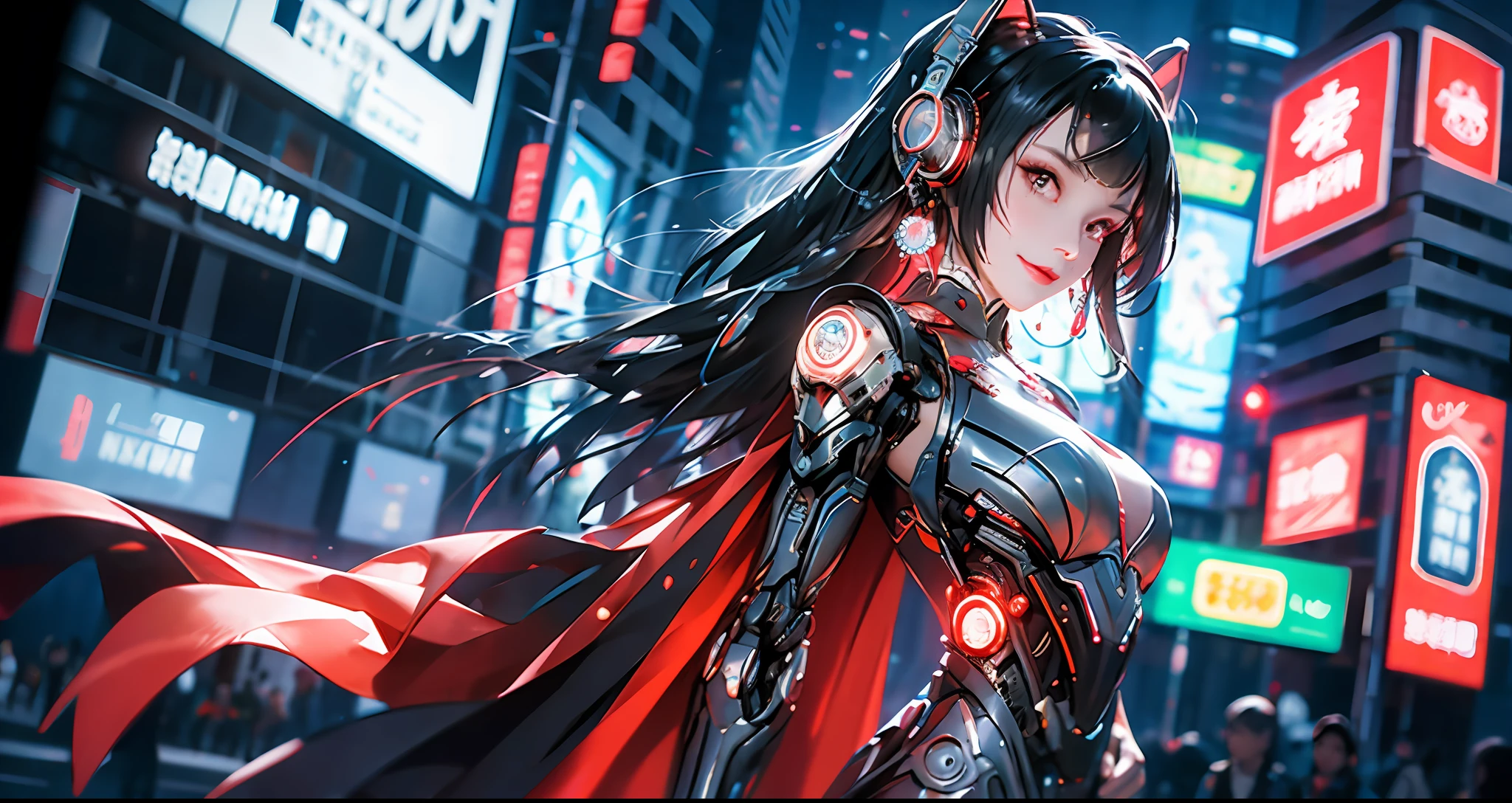 Background moon, big moon in the back, moon, 1 girl, Chinese_clothes, metallic black titanium and crimson, cyberhan, cheongsam, cyberpunk city, dynamic pose, details glowing headphones, luminous hair accessories, long hair, glowing earrings, glowing necklace, cyberpunk, high-tech city, full of mechanical and futuristic elements, futurism, technology, glowing neon, red, red light, sexy skirt, transparent black cape, laser light, digital background city sky, big moon, with vehicle, Best Quality, Masterpiece, 8K, Character Edge Light, Super High Detail, High Quality, The Most Beautiful Woman of Mankind, Smile, Face Facing Front Left and Right Symmetry, Ear Corner Decoration, Long Antenna Glow, Beautiful Eyes, Light Effects, Visual Data, Silver-Red Orange Hair Dyeed Hair, Ultra Detail Facial Texture, Happy, Weapon System, Crowded Pedestrians on the Street, Mecha Style, Wearing a Glow Antenna on the Head, Deep Eyes, Distant Vision, Details of the Whole City, Vista, Panorama, Stretched Vista, Fisheye, Elevation Angle