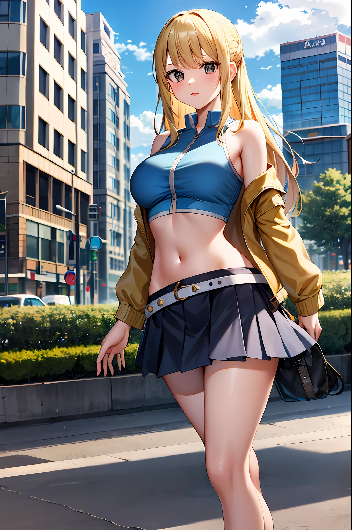 masterpiece, best quality, highres, lucy heartfilia, blonde hair, long hair, large breasts, jacket, crop top, bare shoulder, show stomach, belt, pleated skirt, cowboy shot, standing, looking at viewer, city road, outdoor, modern city road,