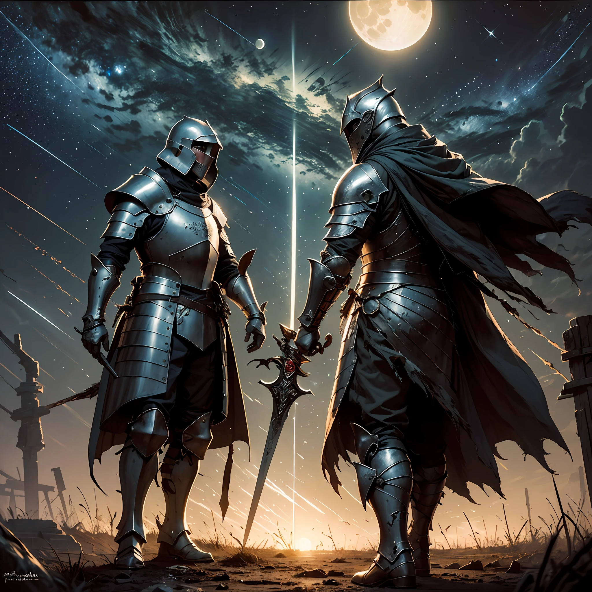Knight with hood, dark fantasy, medieval armor, masterpiece, 16k, big sword on the back, dirty and old armor, lots of details, starry night background, moon in the background --auto