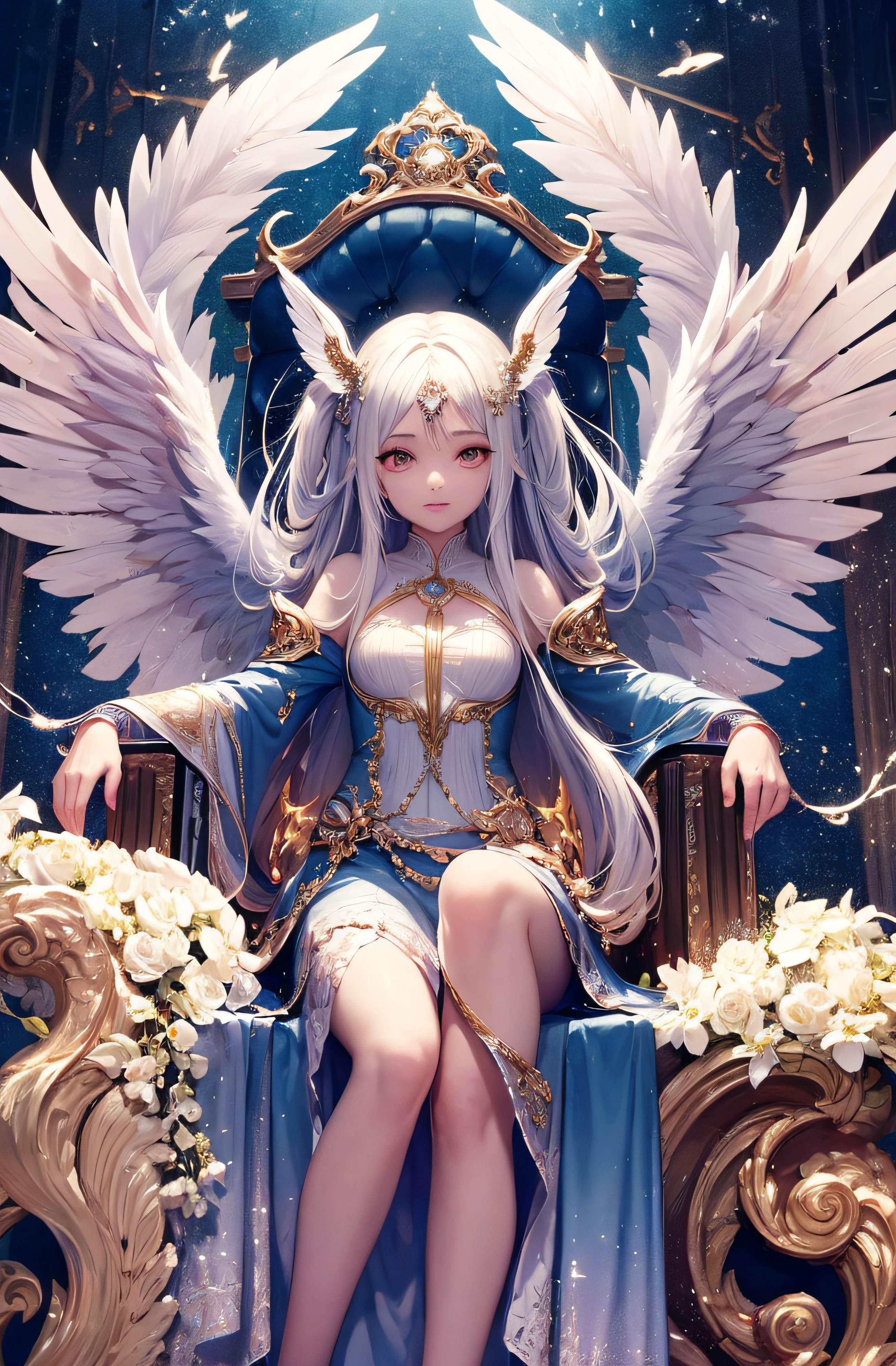 On a gorgeous throne sits a handsome king, adult, handsome, tall muscular man with broad shoulders, delicate eyes and delicate face, long hair, fantasy, magnificent background, throne, magic effect, flame, next to the throne stands an ever-cute angel girl, super delicate face, jewel-like eyes, feathered wings, white super long hair, colorful gradient hair