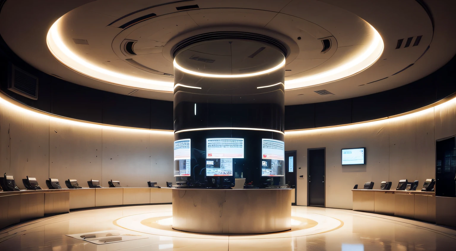 A sense of future technology, Round office, In the middle is a jar containing the nutrient solution of the human body, There are a lot of electronic screens, Cool lighting effects, White sheet metal wall, Futuristic sense of technology, light and shade contrast, cinemaitic lighting, modernistic, ultra-wide angle --auto