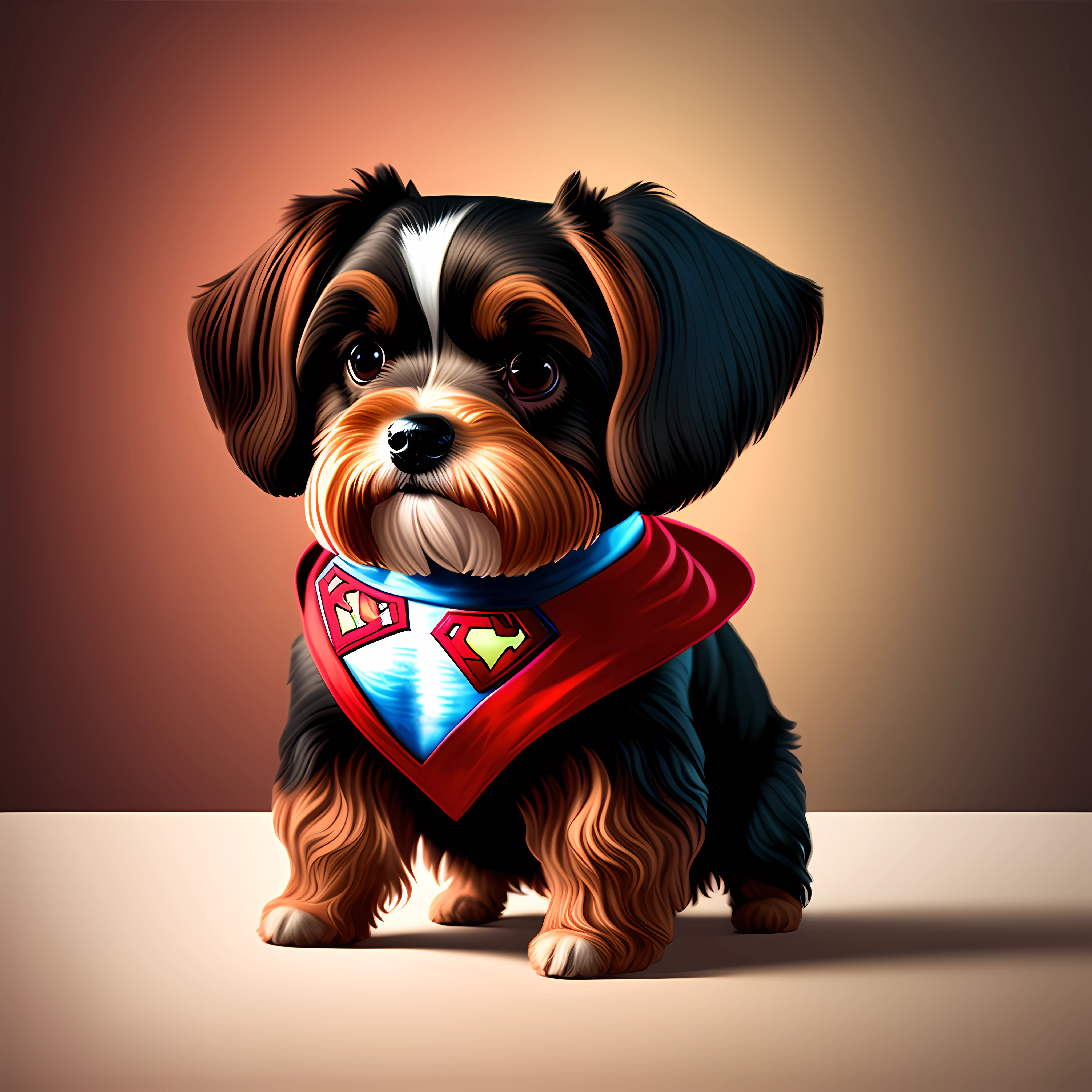 there is a small yorkshire terrier dog, black and brown color that is standing, small dog, yorkshire drooping ear, dressed in white superhero outfit and red superman cape, by Ivan Ranger, Habanese dog, digitally painted, cute dog painting, digital image, 3d drawing, by Matthew Smith, drawing of a gorgeous, bella, looking at the camera, adult dog, by Georgina Hunt