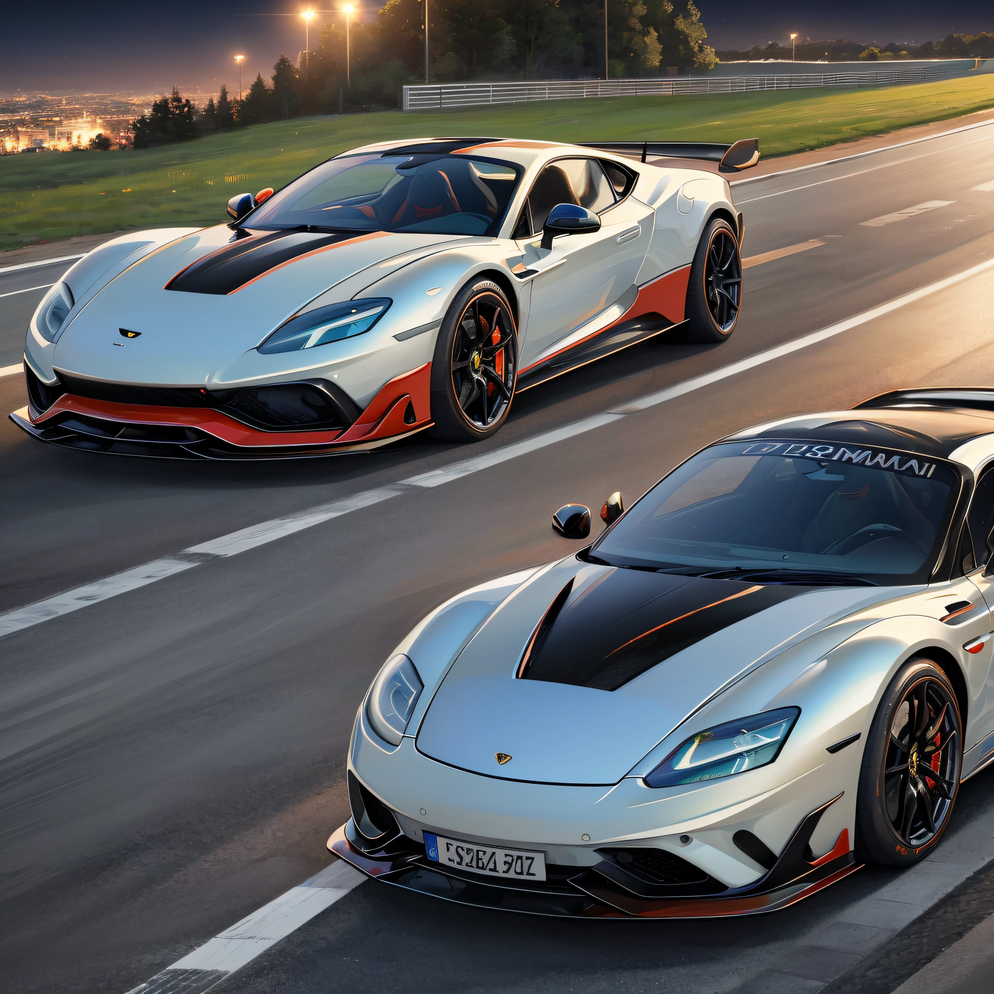 Masterpiece, best picture quality, outdoor, night, racing track, one Aston Martin sports car parked on the track, one Lamborghini sports car, two Porsche sports cars, luxury, luxury,