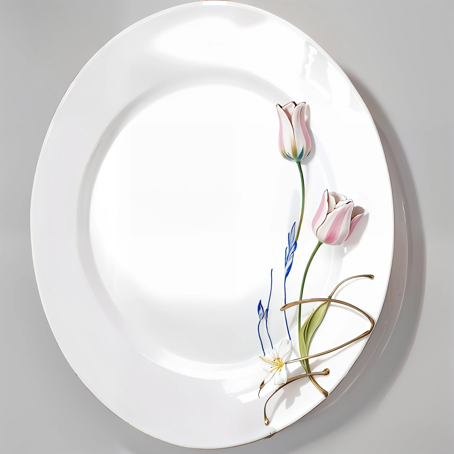 There is a white plate with flower designs, plates, plates, fine porcelain, porcelain, full plates, hand painted, thin porcelain, plates, fine details, ceramics, beautiful details simple elegant design, botany, decorative arts, e621, magnificent design, tulips, glass tableware, decorative arts, decorative arts, whimsical, art design, art nouveau, rosenthal, glazed ceramics