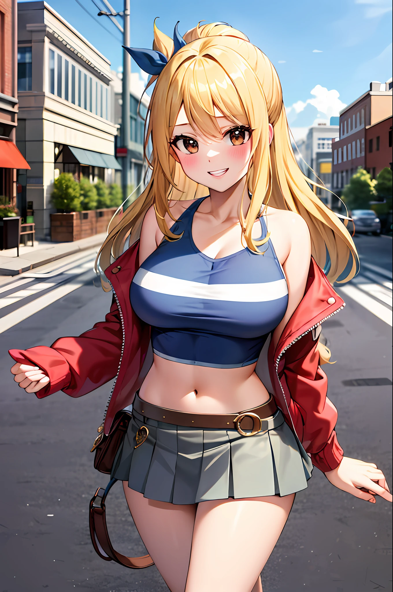 masterpiece, best quality, highres, lucy heartfilia, blonde hair, long hair, large breasts, jacket, crop top, bare shoulder, show stomach, belt, pleated skirt, cowboy shot, standing, looking at viewer, city road, outdoor, modern city road, blush, shy, smile, show teeth,