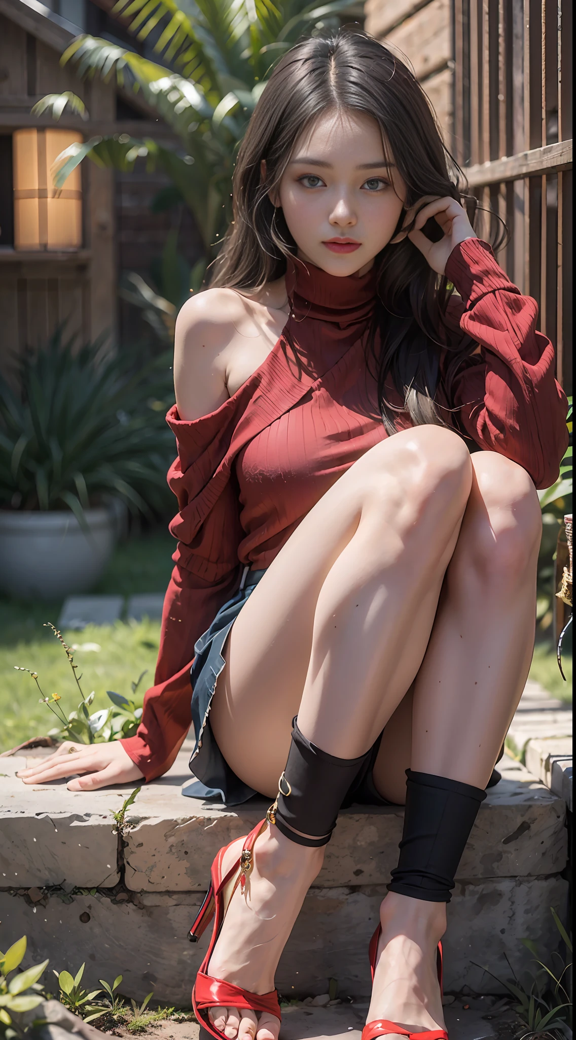 (8k, RAW photos, best quality, Masterpiece: 1.3), (realistic, photo realistic: 1.27), intricate details, (1 holding a glass of red wine in her hand), sitting, solo, bare shoulder, (summer fashion: 1.4), (red shirt: 1.2), long sleeves, thin skin, long black hair, (perfect body type: 1.4), full body, dynamic pose, delicate eyes, black eyes, (bare legs: 1.8), bare feet, exposed leg skin, (insect eye view: 1.2), (from below: 1.2),
Cool pose,
8k UHD, HDR, extremely refined and beautiful, outside, wooden house, garden, grapefruit, red high heels, (shiny skin), movie lights, turtleneck shirt, short skirt, incredible tights,