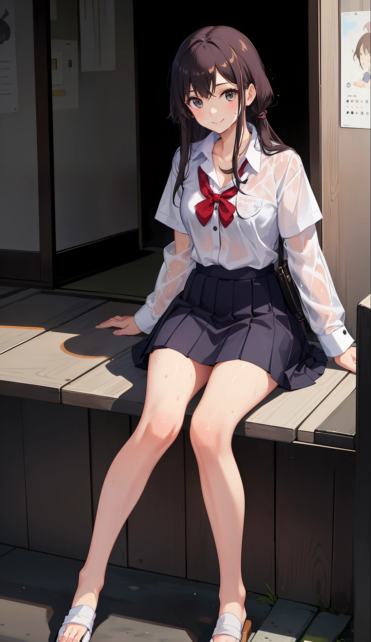 1 girl, smile, shirt, skirt, (small) chiralism, Japan high school school uniform, seravuk, summer clothes, squall-wet uniform, sheer bra, (portrait from knee up),