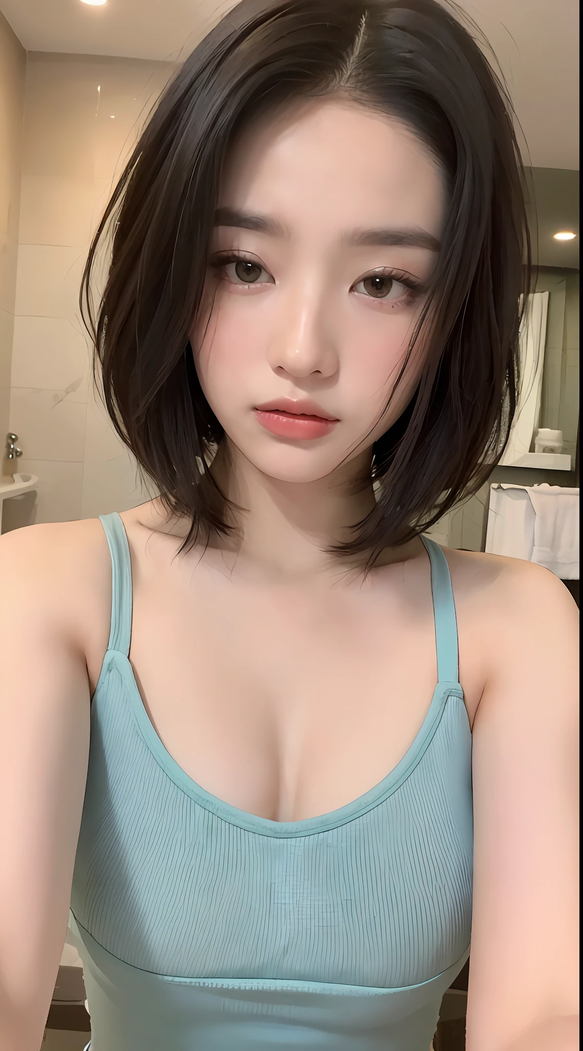 ((Best quality, 8k, Masterpiece :1.3)), Sharp focus :1.2, Perfect Body Beauty: 1.4, Slim Abs: 1.2, (Layered hairstyle: 1.2), (Tank top shirt:1.1 ), (Bathroom: 1.2), Highly detailed face and skin texture, Fine eyes, Double eyelids, (only dress: 1.3),