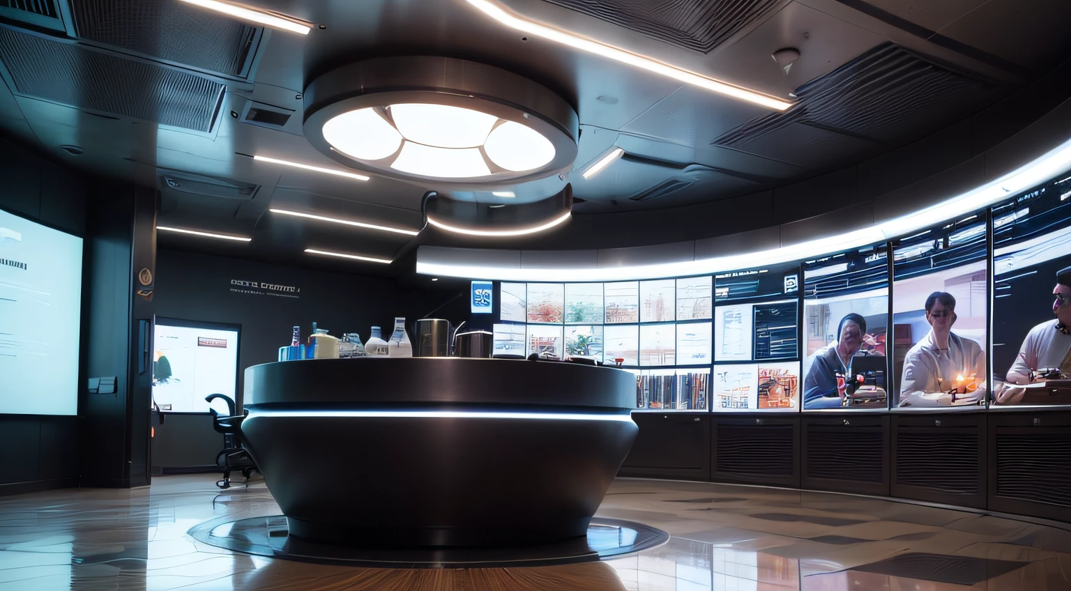 A sense of future technology, Round office, In the middle is a jar containing the nutrient solution of the human body, There are a lot of electronic screens, Cool lighting effects, White sheet metal wall, Futuristic sense of technology, light and shade contrast, cinemaitic lighting, modernistic, ultra-wide angle --auto