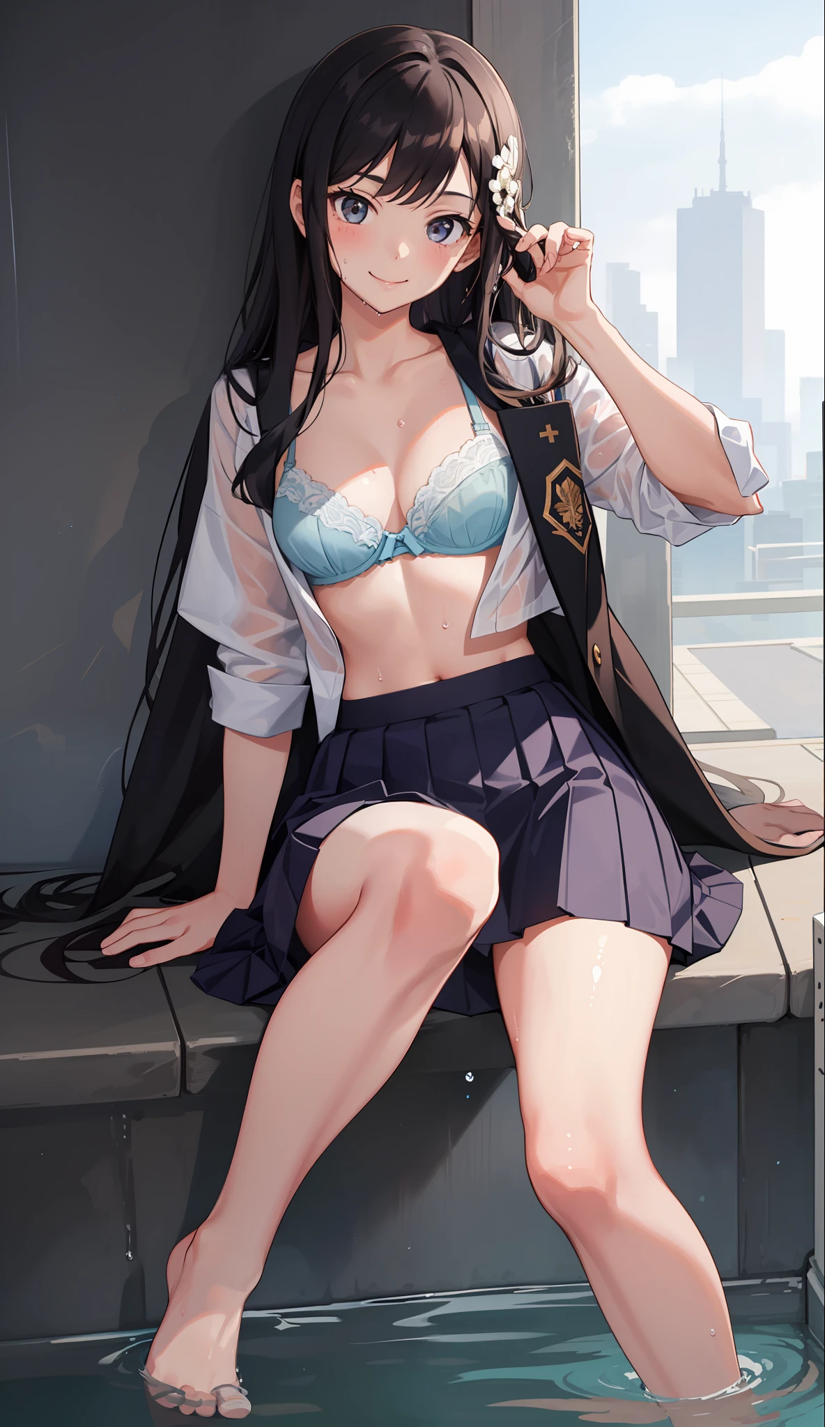 1 girl, smile, shirt, skirt, (small) chiralism, Japan high school school uniform, seravuk, summer clothes, squall-wet uniform, sheer bra, (portrait from knee up),