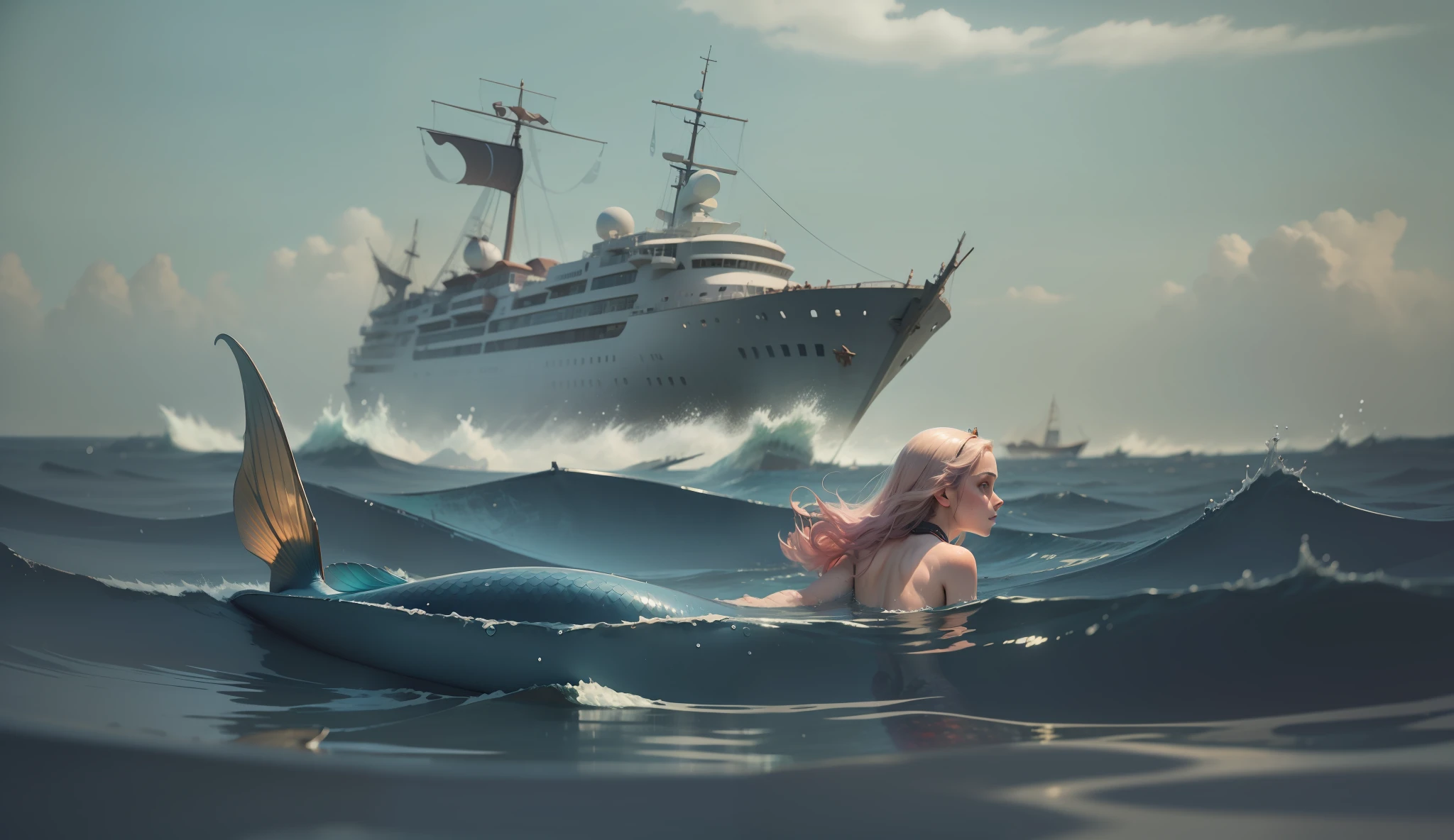 The mermaid swims towards the broken ship to save the prince