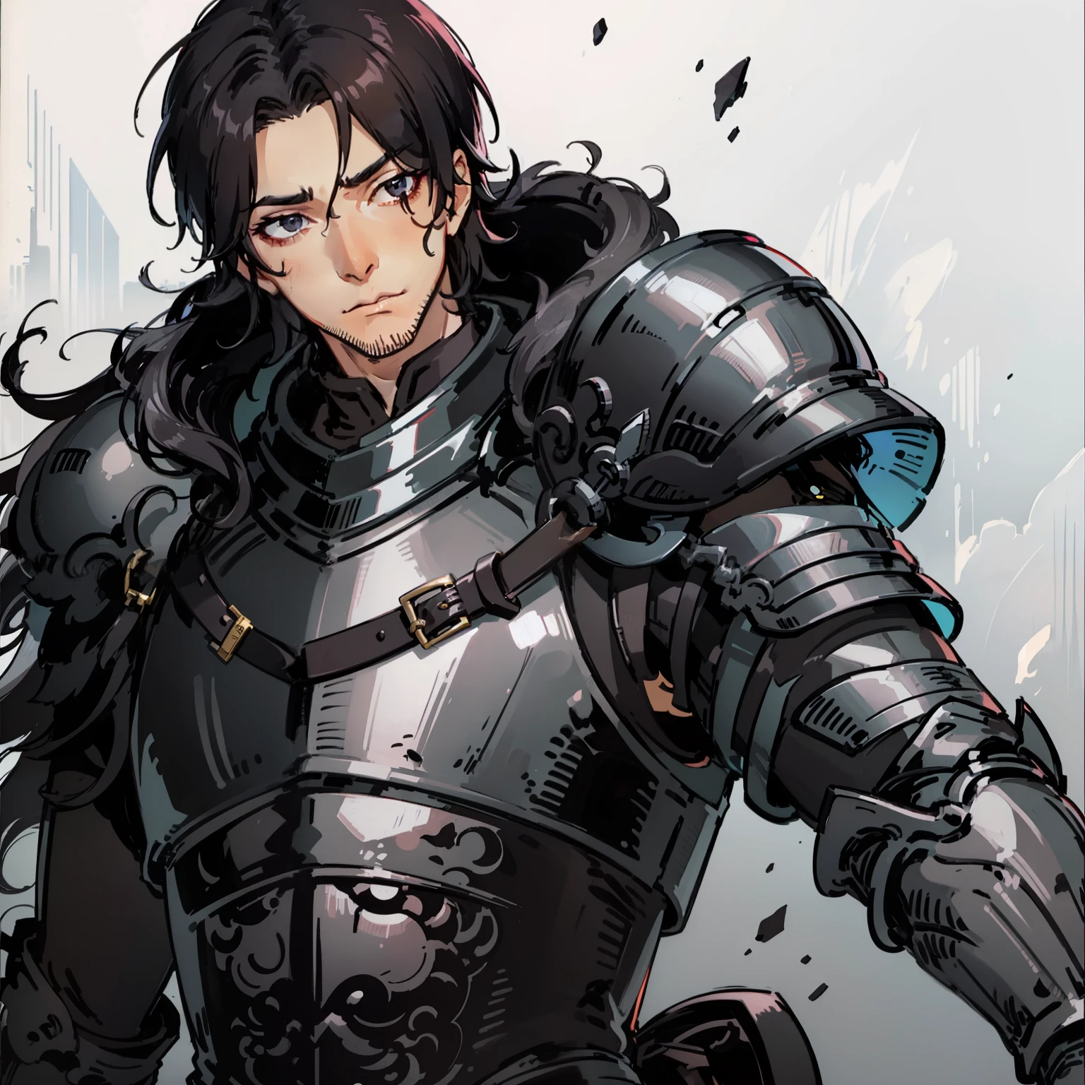 A tall korean black-haired man with a scar across his eye. He wears pure-black armour.