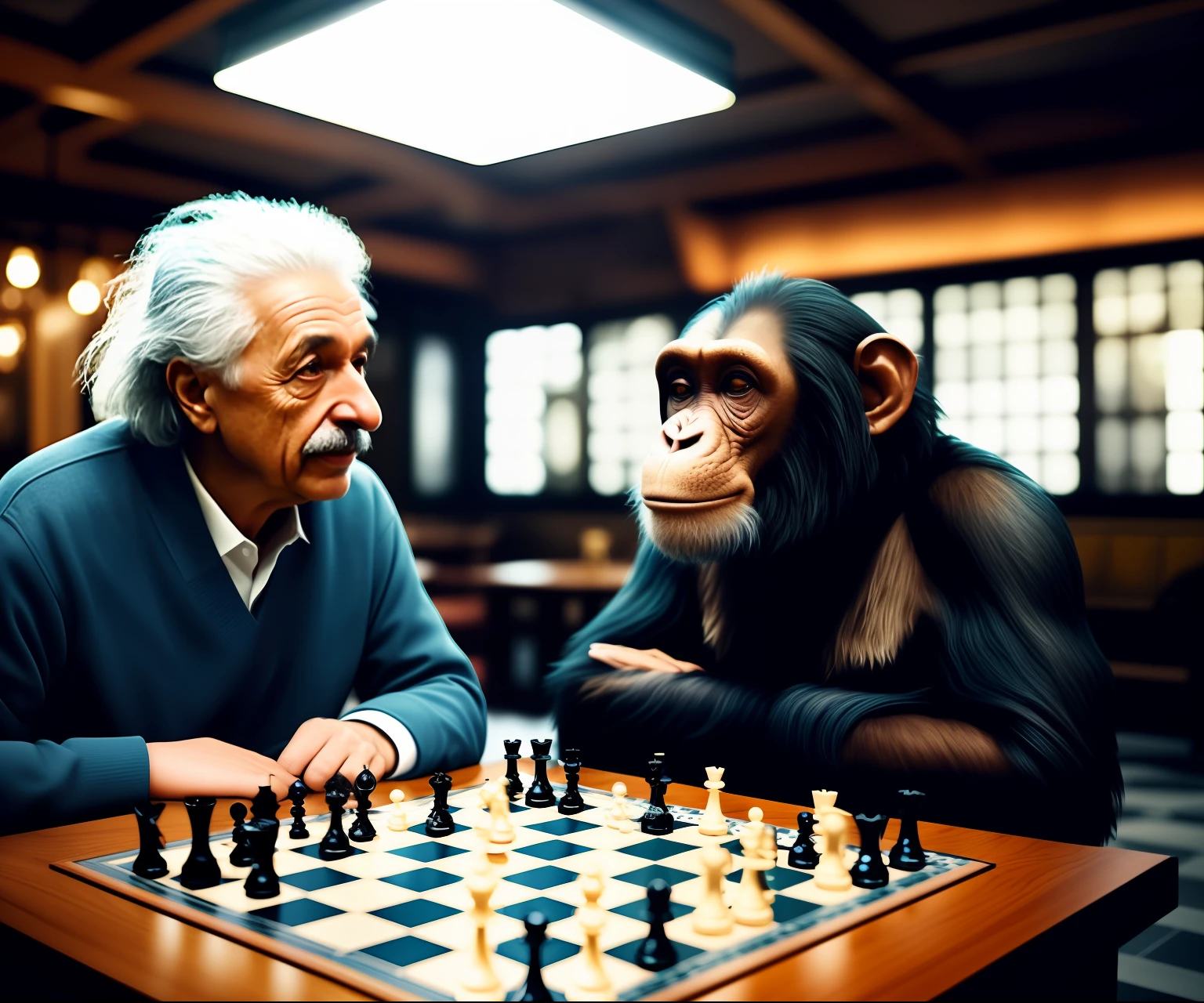 (extremely detailed CG unity 8k wallpaper, masterpiece, best quality) albert einstein playing chess with a hipster chimpanzee in a bar, dark environment, volumetric light, film style, kodak film, high resolution, photographic, hyper-realistic