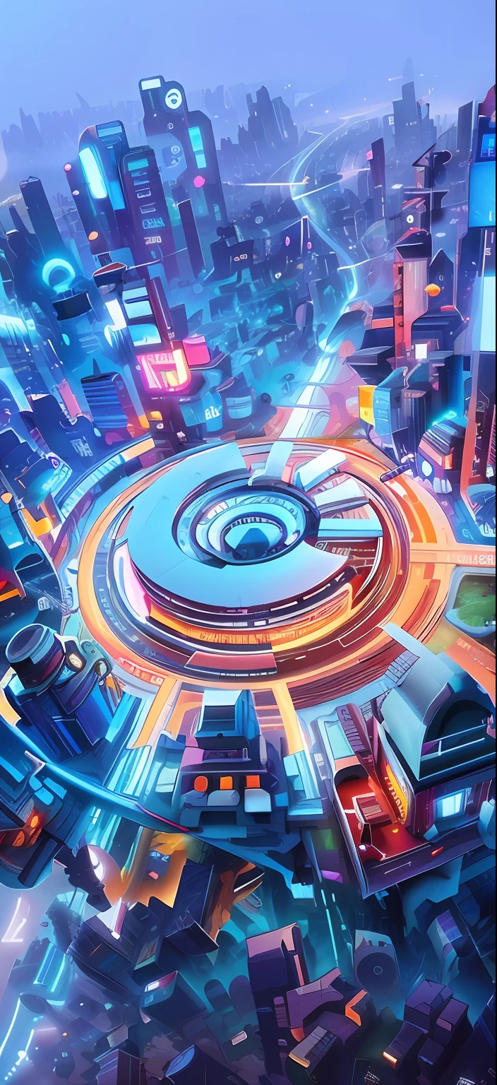 a close up of a city with a circular clock on it, 4k solarpunk wallpaper, futuristic art style, futuristic digital art, colorful dystopian futurism, digital cyberpunk anime art, futuristic digital painting, concept art | beeple, digital cyberpunk - anime art, metaverse concept art, style hybrid mix of beeple, futuristic city backgrond, futuristic city backdrop