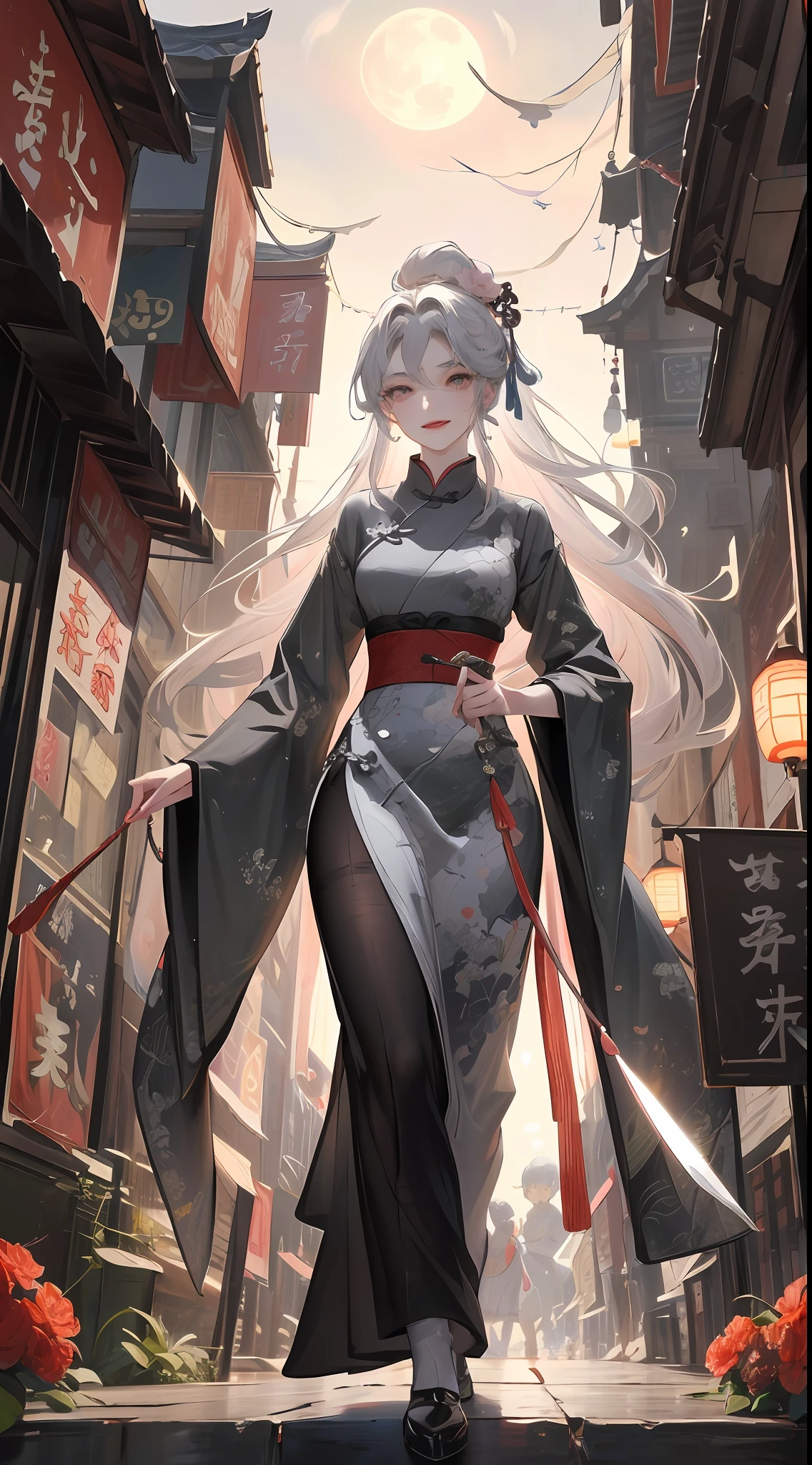 Masterpiece, Superb Beauty, Night, Full Moon, 1 Woman, Mature Woman, Chinese Style, Ancient China, Sister, Royal Sister, Smile, Silver-White Long-Haired Woman, Pale Pink Lips, Calm, Intellectual, Three Bands, Gray Eyes, Assassin, Short Knife, Flower Ball Background, Walking Street View