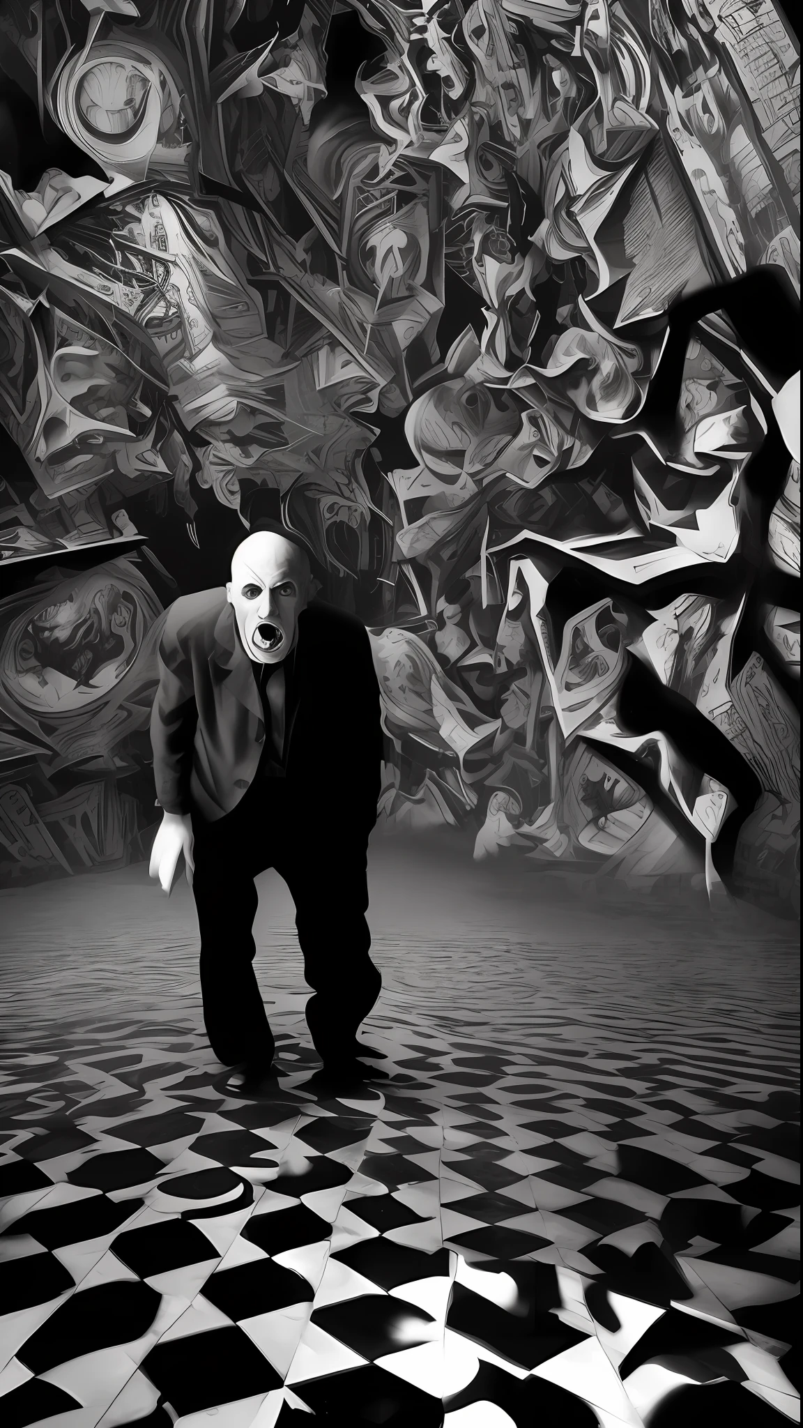concept artwork, M.C Escher + Architectural Art + b/w photography by Pierre Verger / style fusion /a man in agony, his mouth open in a silent scream. Her contorted face wears expressions of despair and anguish, while dark shadows dance around her. The surrounding environment is distorted, with misshapen lines and shapes, conveying a sense of chaos and despair./ mystical and spiritual atmosphere / dark tones / supernatural/Macro lens/Surreal juxtapositions/Sun Reflections/Lovecraft/horror cosmic/terror 90s--ar 1080:1350 --c 12