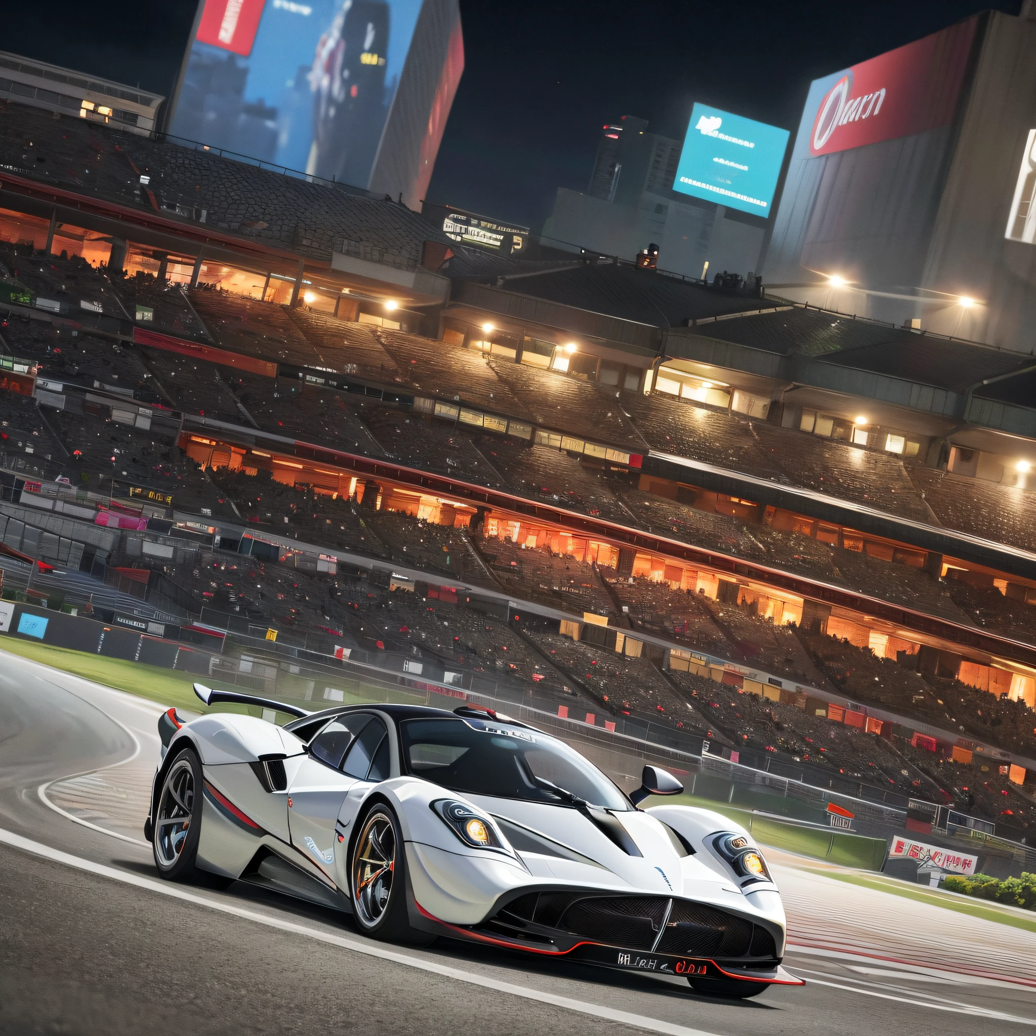 Masterpiece, best picture quality, outdoor, night, racing track, a Pagani huayra sports car parked on the track, luxury, luxury,