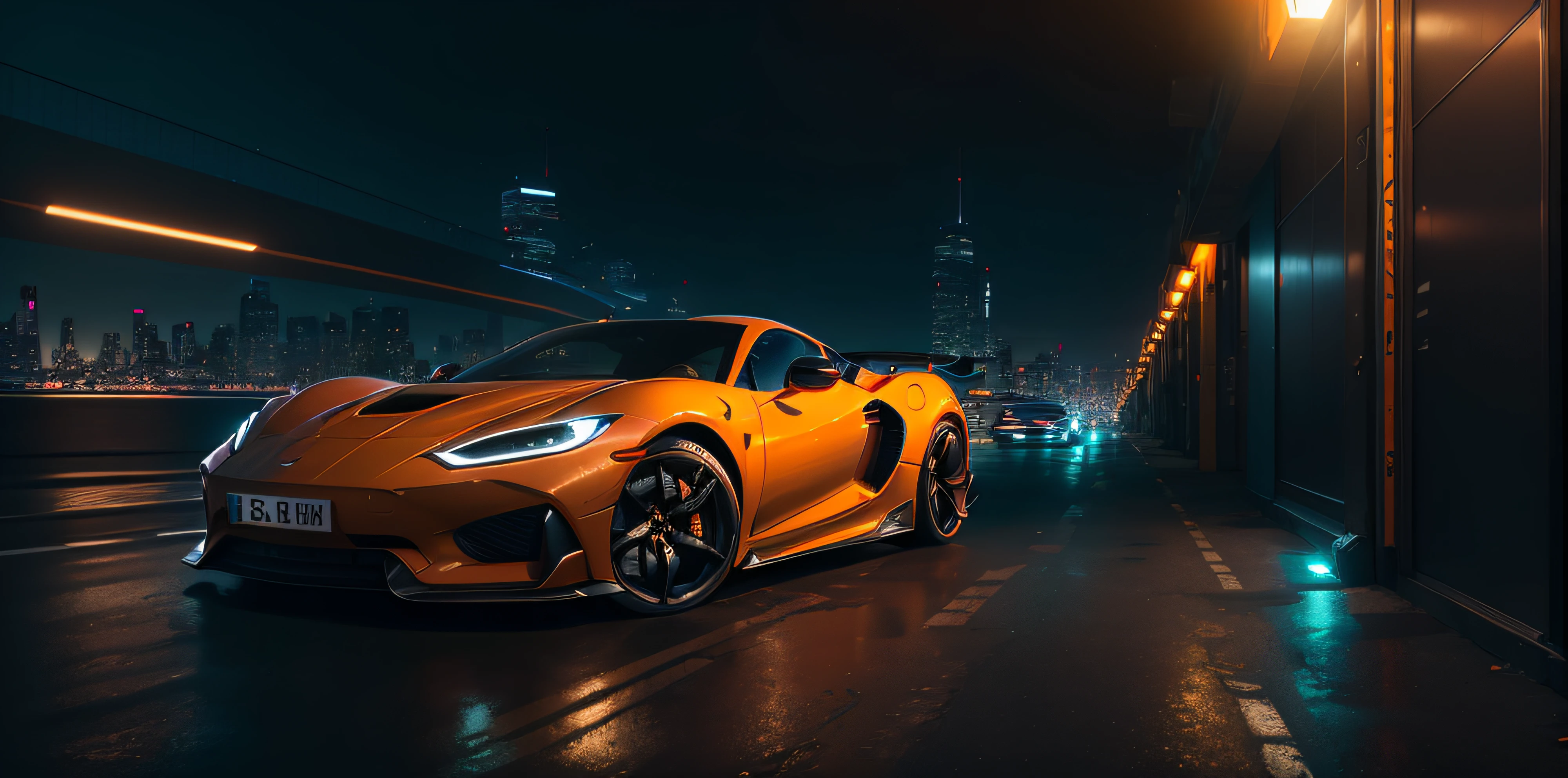 Bright orange sports car driving on city streets at night, vehicle photography, car photography, by Adrian Zingg, supercar rendering, futuristic product car shooting, Daniel Siggs, car photography, rendering with lumion pro, extreme rendering, pre-movie shot, Marc Adamus, Anthony Devas, inspired by Adrian Zingg, strong perspective, detail of distant scenery