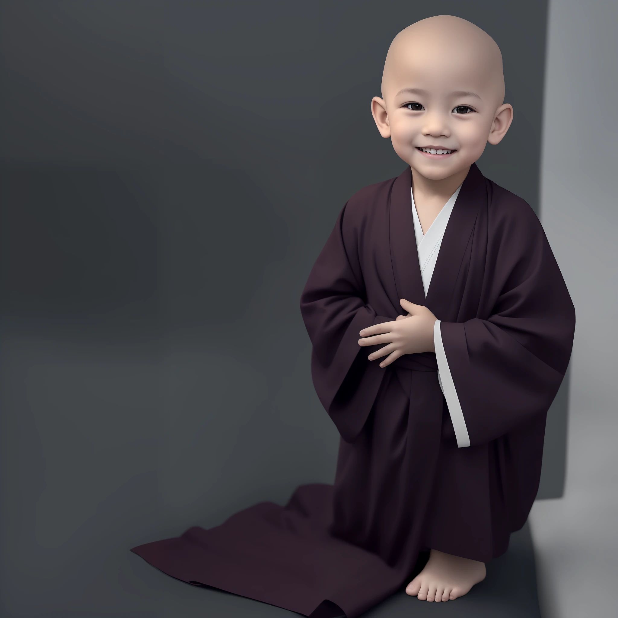 A cute three-year-old boy little monk, bald head, half-body, smiling facing the camera, simple clothing, monk robe, HD 8K picture quality shows a sense of reality, he sits dignified, puts his hands together on his chest, looks forward, no weapons.