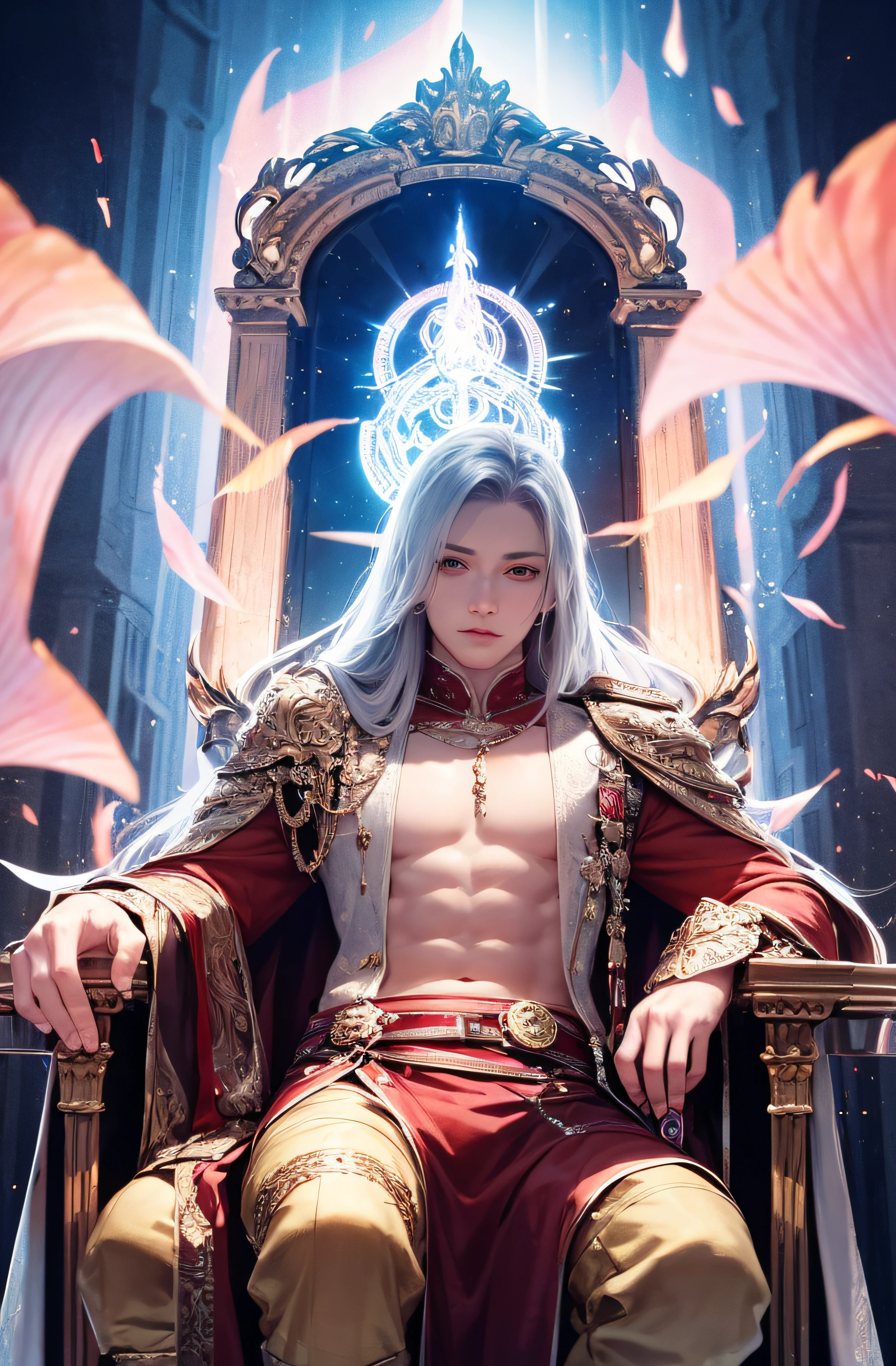 On a gorgeous throne sits a handsome king, adult, handsome, tall muscular man with broad shoulders, delicate eyes and delicate face, long hair, fantasy, magnificent background, throne, magic effect, flame