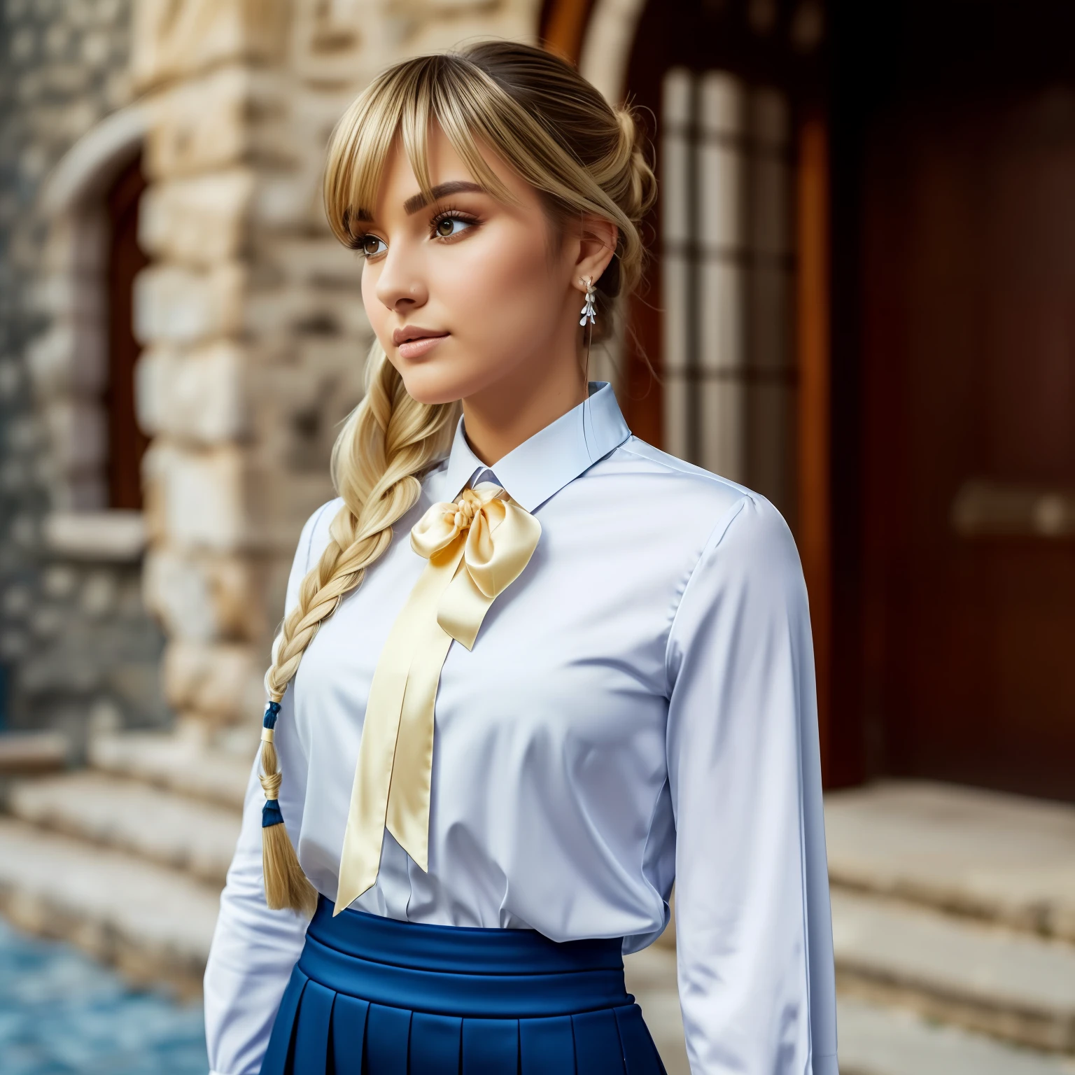 best exposure photo, 55mm, cell shading, bloom, (natural skin texture:1.5), (blonde hair:1.3), best exposure photo, 35mm, stunning, very detailed, very detailed 8k face, perfect facial shapes, full perfect lips, perfect nose, beautiful right eyes, eyelashes, eyebrows, in a beautiful castle, action shot, cracked porcelain skin, skin pores, detailed intricate iris, very dark lighting, heavy shadows, detailed, detailed face, (vibrant, dramatic, dark, sharp focus, 8k),(background forge: 1.3), forge, (burning coals: 1.1), (more weapons: 1.1), (scattered armor: 1.1), green eyes, white long-sleeve shirt, blue skirt, black socks, blonde hair, sidelocks, Korean bangs, tied hair, short long hair, braid, blue ribbon, bun, french braided bun tied with blue ribbon, formal, blue necktie, beautiful, elegant, office lady, young adult, pleaded skirt, skirt suit, tight, pencil skirt