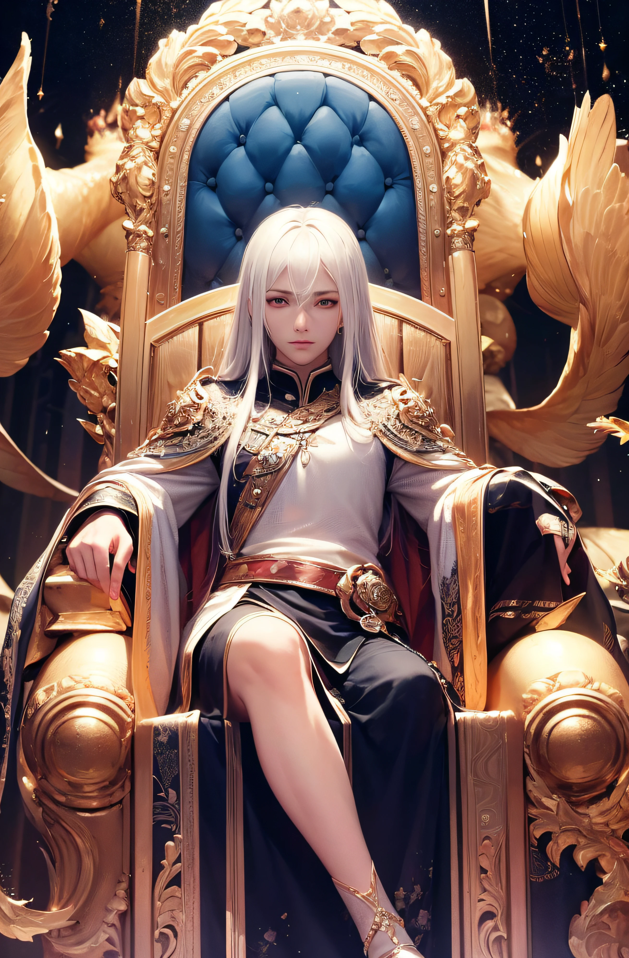 On a gorgeous throne sits a handsome king, adult, handsome, tall muscular man with broad shoulders, delicate eyes and delicate face, long hair, fantasy, magnificent background, throne, magic effect, flame
