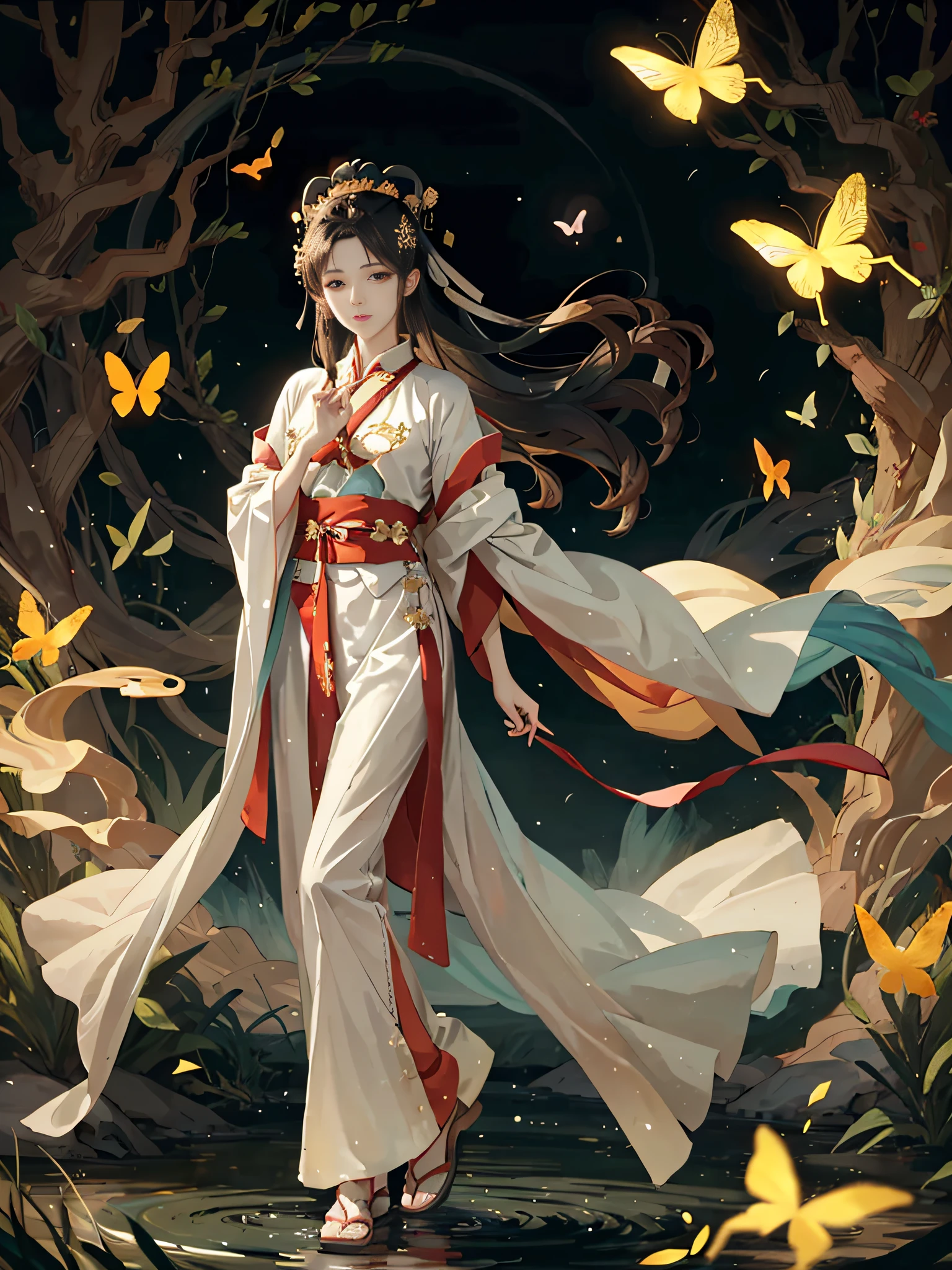 Chinese style girl in white dress with fluorescent butterfly background, flowing hair and robe, palace, a Hanfu girl, beautiful character painting, white Hanfu, flowing white robe, flowing magic robe, Guwiz style artwork, Li Song, Chen Lin, beautiful artwork illustration, Guviz, Fan Qi, masterpiece, top quality, background is black, several tiny fluorescent butterflies surround the girl