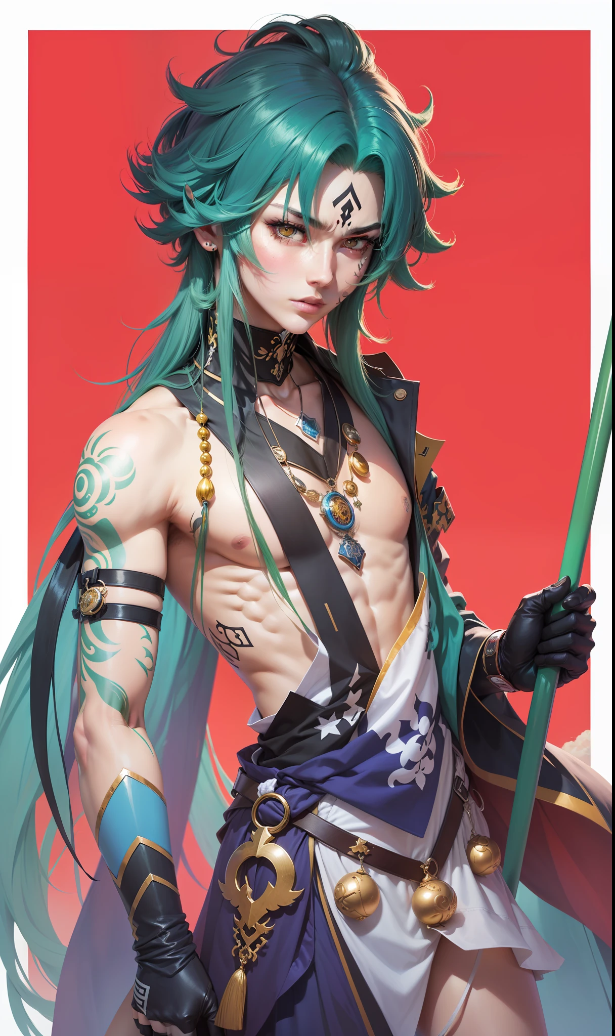 Masterpiece, best quality, anime, 1boy, male focus, solo, Xiao (Genshin Impact), gloves, rhombus on forehead, tattoo, arm tattoo, necklace, cloud, jewelry, white shirt, mask, green hair, beaded necklace, multicolored hair, beads, yellow eyes, anime style, anime character, anime boy, (landscape background: 1.4), (kbxll: 0.6)