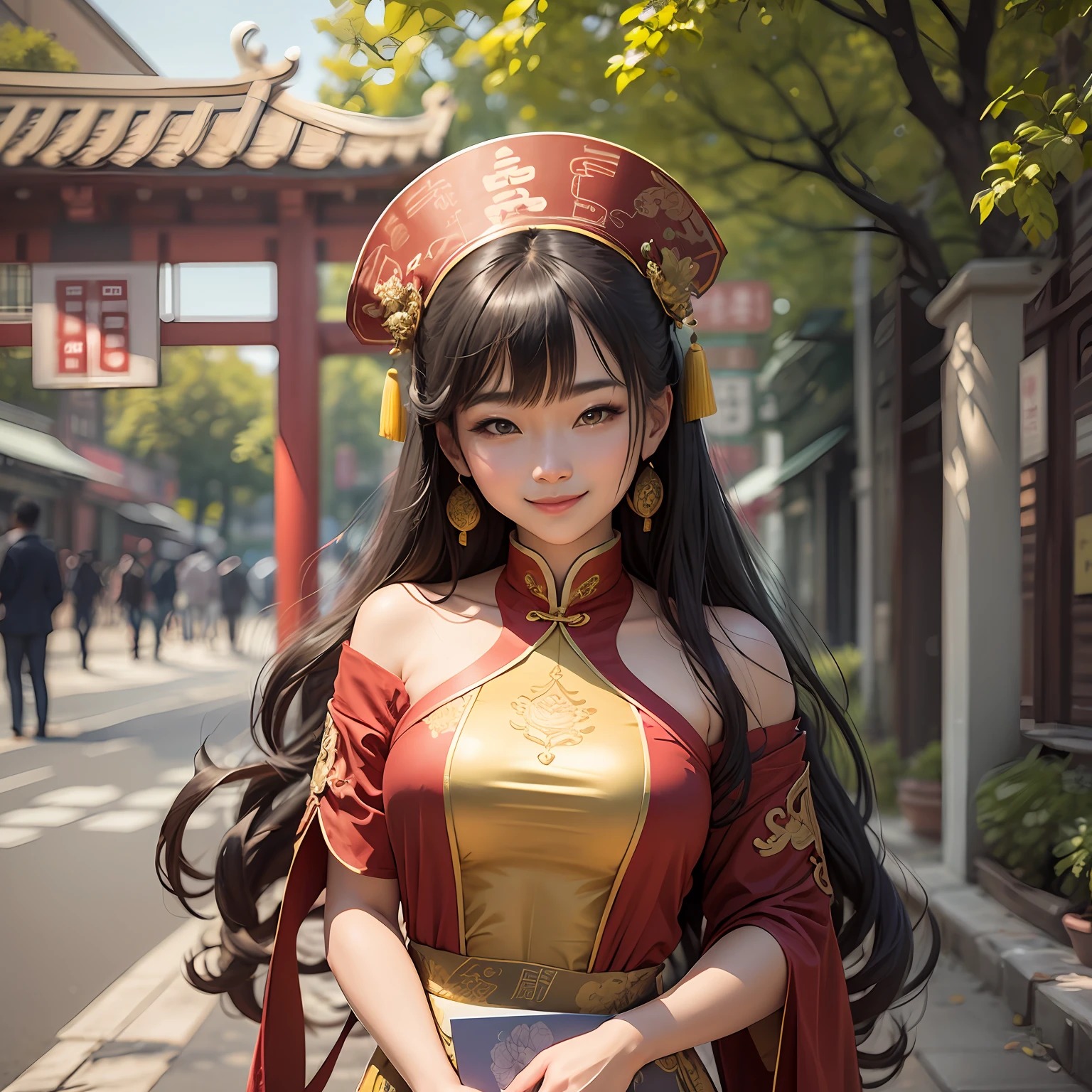 In Chinese style, there is a woman in a blue and gold dress posing for a photo, smiling, holding a red notepad in her right hand