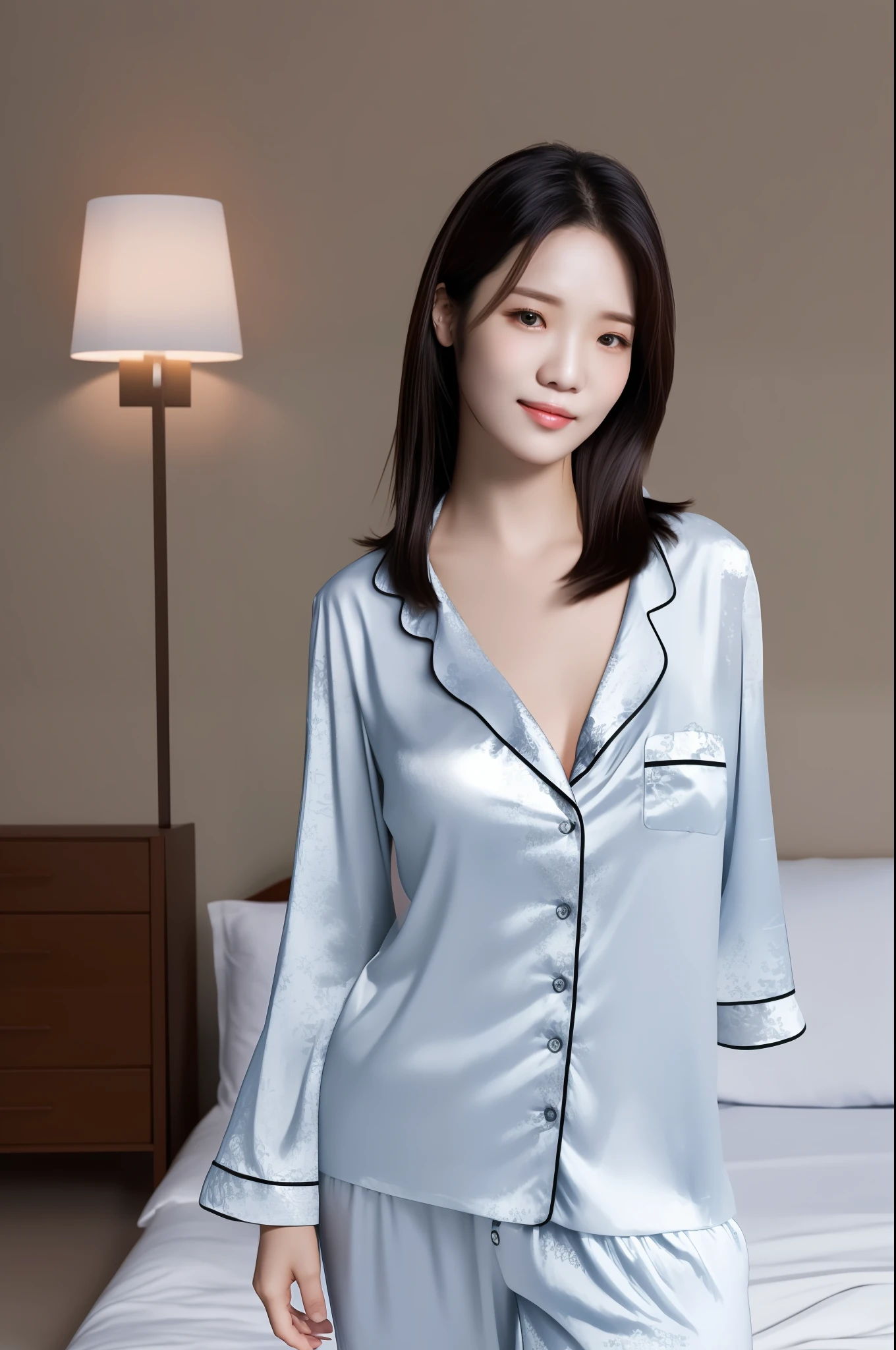 Jisun,(pov:1.1),RAW photo,physically-based rendering,(8k, best quality, masterpiece:1.2),(full body shot:1.4),octane render,extremely detailed CG unity 8k wallpaper,studio soft light, rim ligh,in hotel,bed,cozy room,sunlight,(a girl is wearing pajama:1.5),hyper realistic detail shiny skin,ultra detailed,(ultra realistic:1.5),(looking at viewer:1.2),(intricate:1.2),(photorealistic:1.4),1girl,(skinny:1.3),detailed background