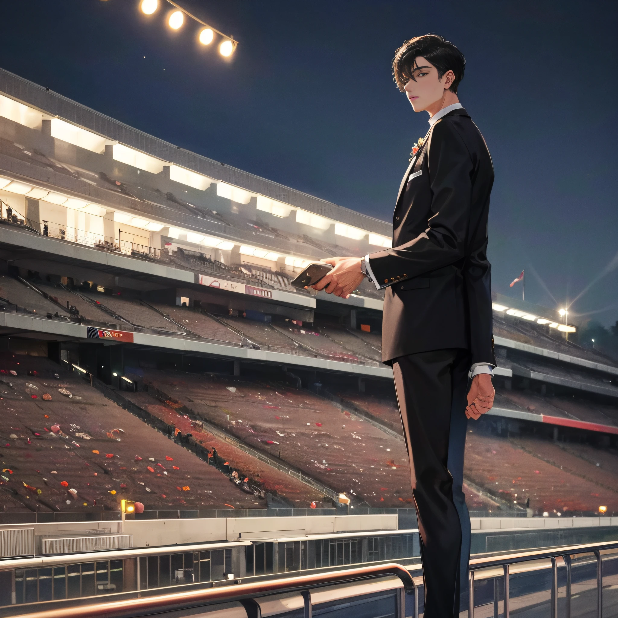 Masterpiece, the best picture quality, outdoor, night, racing track, a twenty-five-year-old boy with short black hair standing on the racing deck with a forty-year-old man with short black hair and a suit, luxury, luxury,