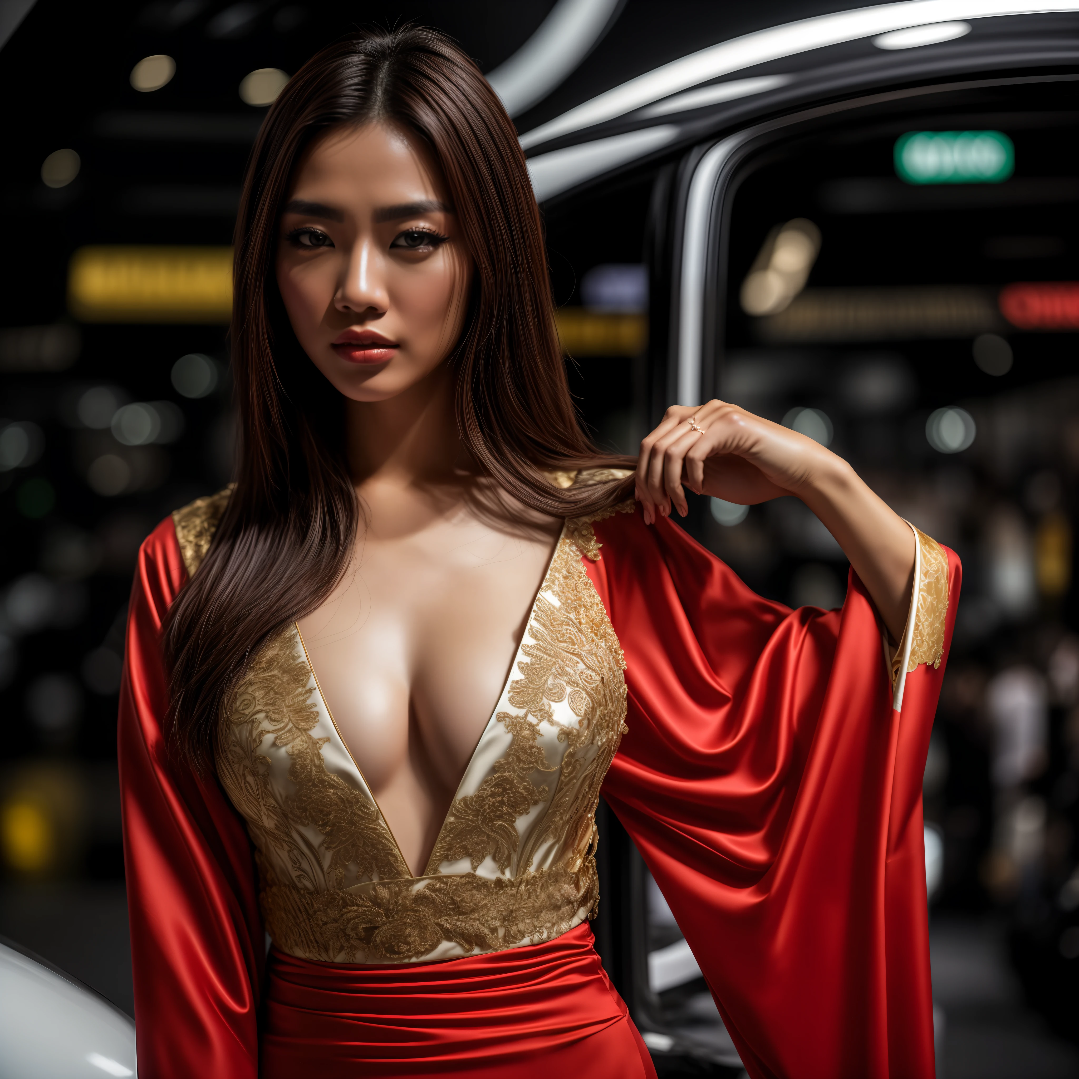 a professional studio upper-torso portrait photo of a seductive slim thai racing girl posing at (bangkok international motor show), wearing intricate latex (ancient hanfu dress:1.2), flowy long wide sleeve, large , topless, moody portrait, striking features, beauty, intricate details, dramatic composition, tension, wispy hair, contrast, sweaty shiny skin, texture, realism, high-quality rendering, stunning art, high quality, film grain, Fujifilm XT3, detailed skin, volumetric fog