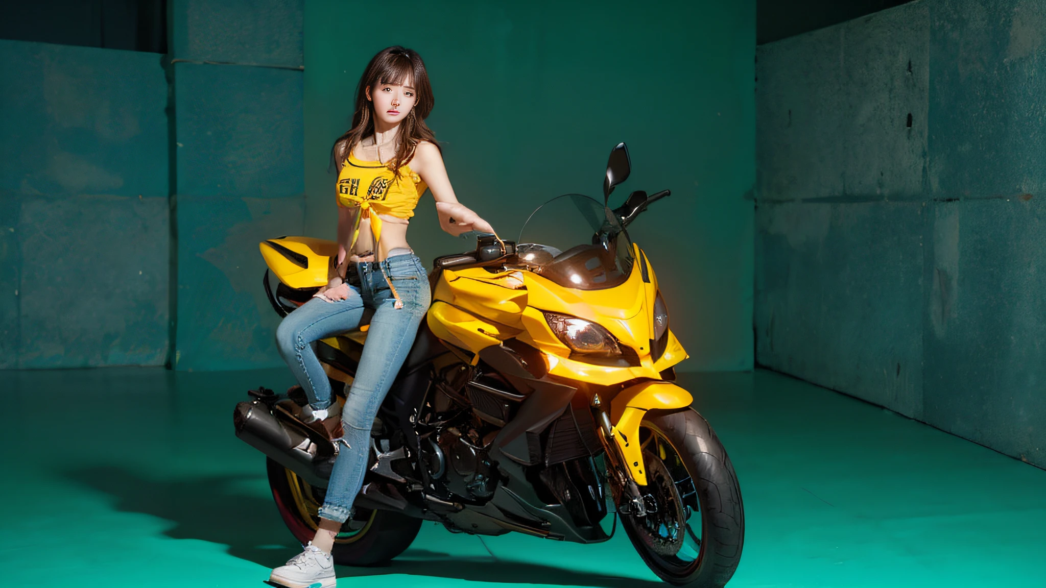 1girl, masterpiece, best quality, focused face, yellow slip shirt, blue short jeans, white studio background, studio lighting, headlight, clean background