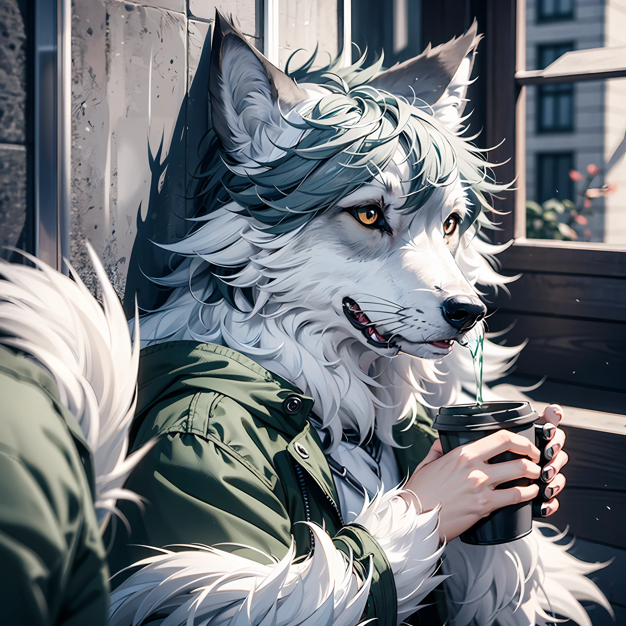 Solo, furry, male wolf, silver fur, white skin, gray ears, dark green eyes, sharp claws, fluffy tail, wearing a black trench coat, wearing a blue cap, drinking coffee, looking out the window, detailed background
