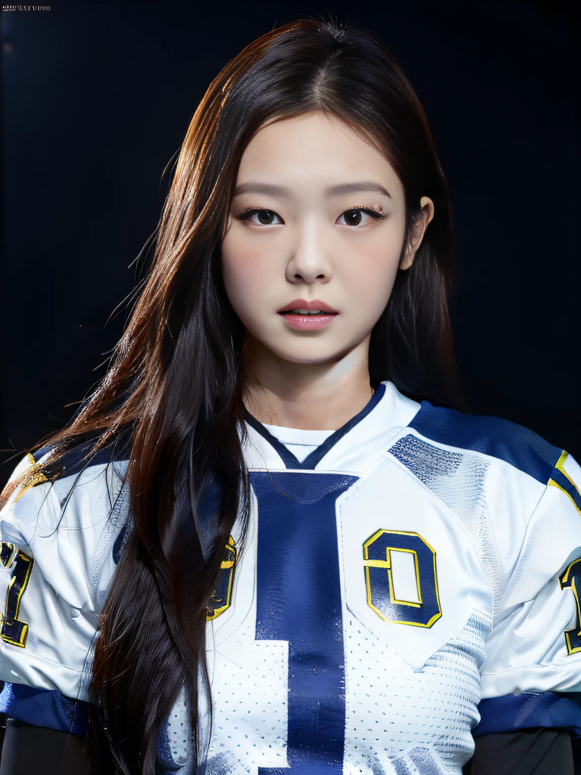 Masterpiece, superlative, realistic, Jennie wearing trendy football uniform, HD, photography and lighting, 16k