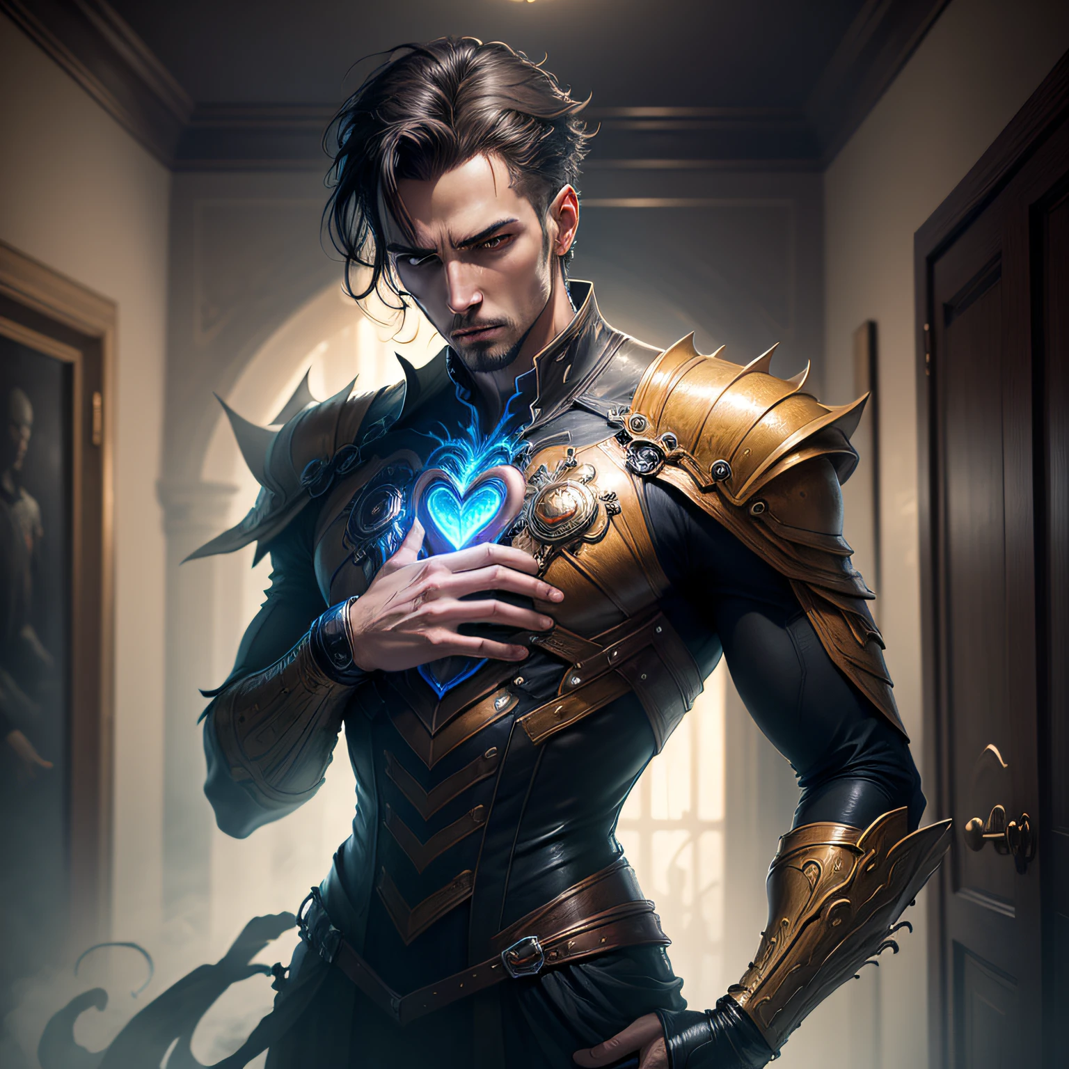A man, young, very handsome, is in his room, with his right hand on his heart and with a face of suffering, a heart attack. standard human body, two legs, two arms, hands with five fingers, high definition face, perfect human face, digital illustration, oil painting, high quality, dynamic lighting, ethereal lighting, ultra detail, elegant, masterpiece --auto