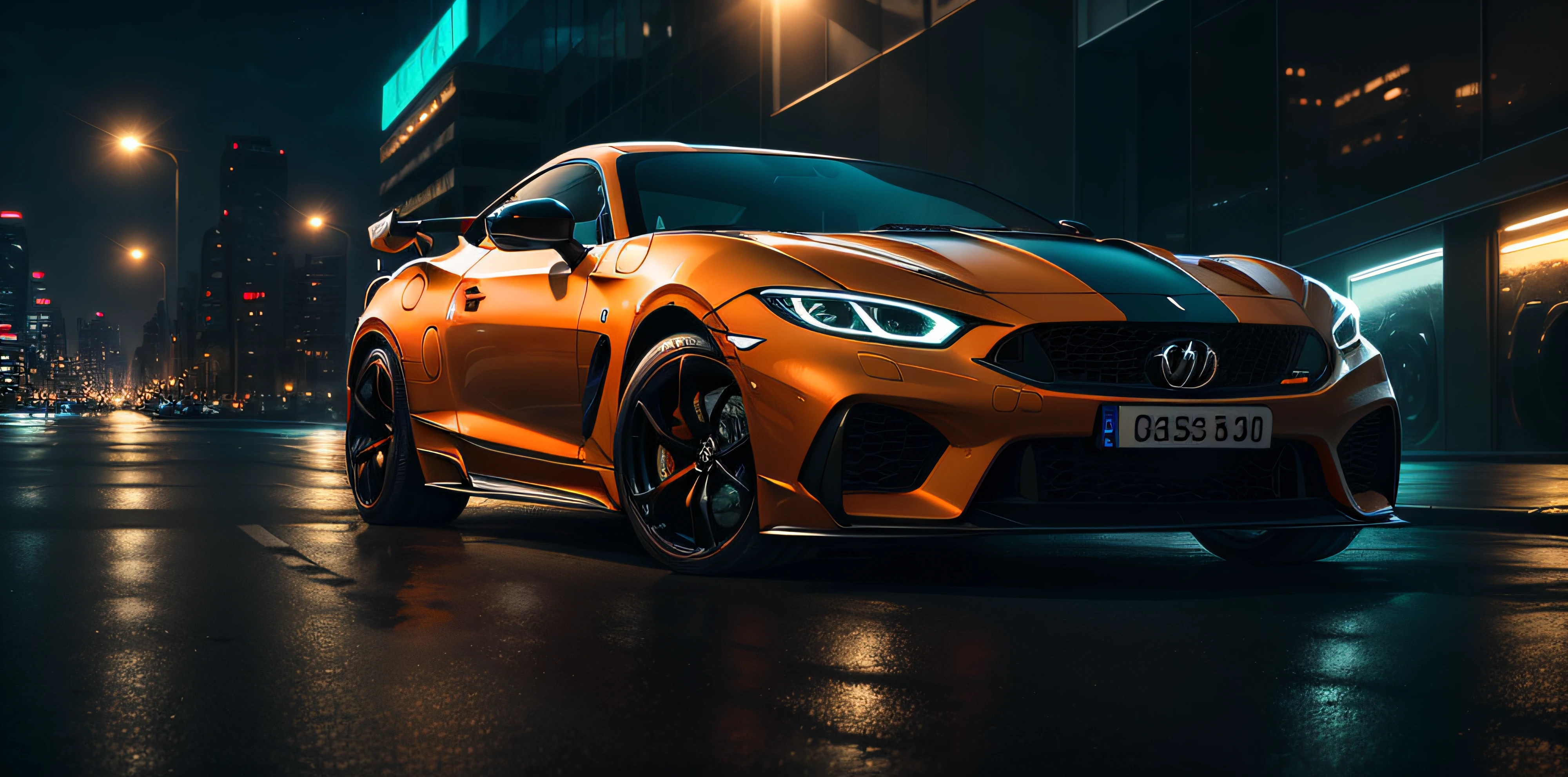 Bright orange sports car driving on city streets at night, vehicle photography, car photography, by Adrian Zingg, supercar rendering, product car shooting, Daniel Seegers, car photography, rendering in lumion pro, extreme rendering, pre-movie lens, Marc Adamus, Anthony Devas, inspired by Adrian Zingg, strong perspective, detailed scenery from afar, strong light perception, strong contrast, complete picture, vehicle size occupies one-fifth of the frame