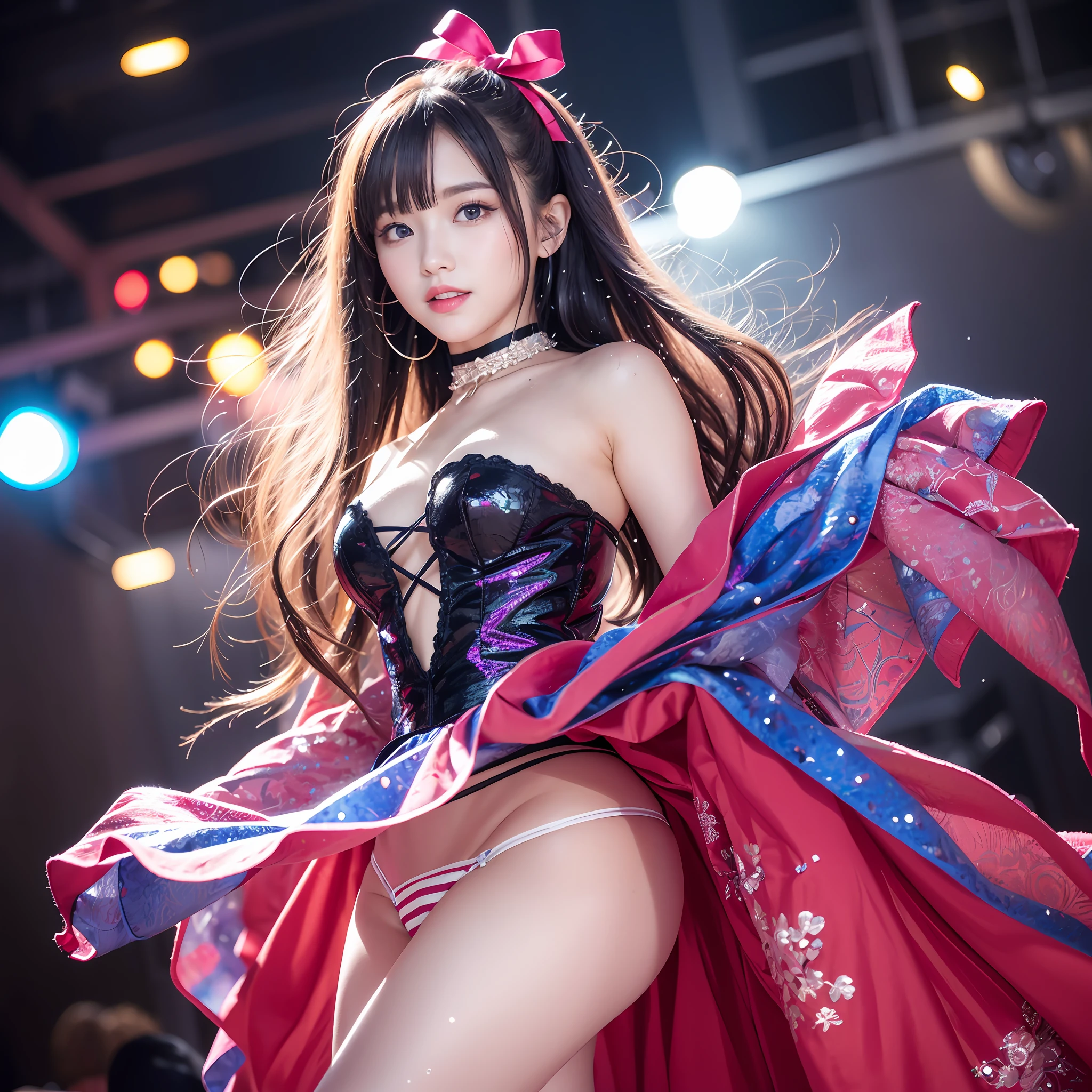 Illustration, cinematic light, high resolution, best quality, ultra detailed, detailed face, (detailed eyes), highest quality, ultra detailed, masterpiece, (detailed face), pretty face, best smile, sexy mature woman transparent (ultra-detailed embroidery and ribbons, idol outfit: 1.5), ruffled miniskirt, cloth, choker, open cloth, NSFW, high heels, blue eyes, neon small shiny hair edges, AI fantasy concert, glowing lighting with neon details, idol, (live stage: 1.15), (holding the microphone with left hand singing: 15), singing with butt sticking out: 5, (to a packed audience in the background), light reflection, heart-shaped iris, playful eyes, open shoulders, (wet body), small shining butterfly, hair jewelry, panties, cute panties: 1.5, 18 years old, Nogizaka idol, Actress, Korean Idol, Gravure Idol