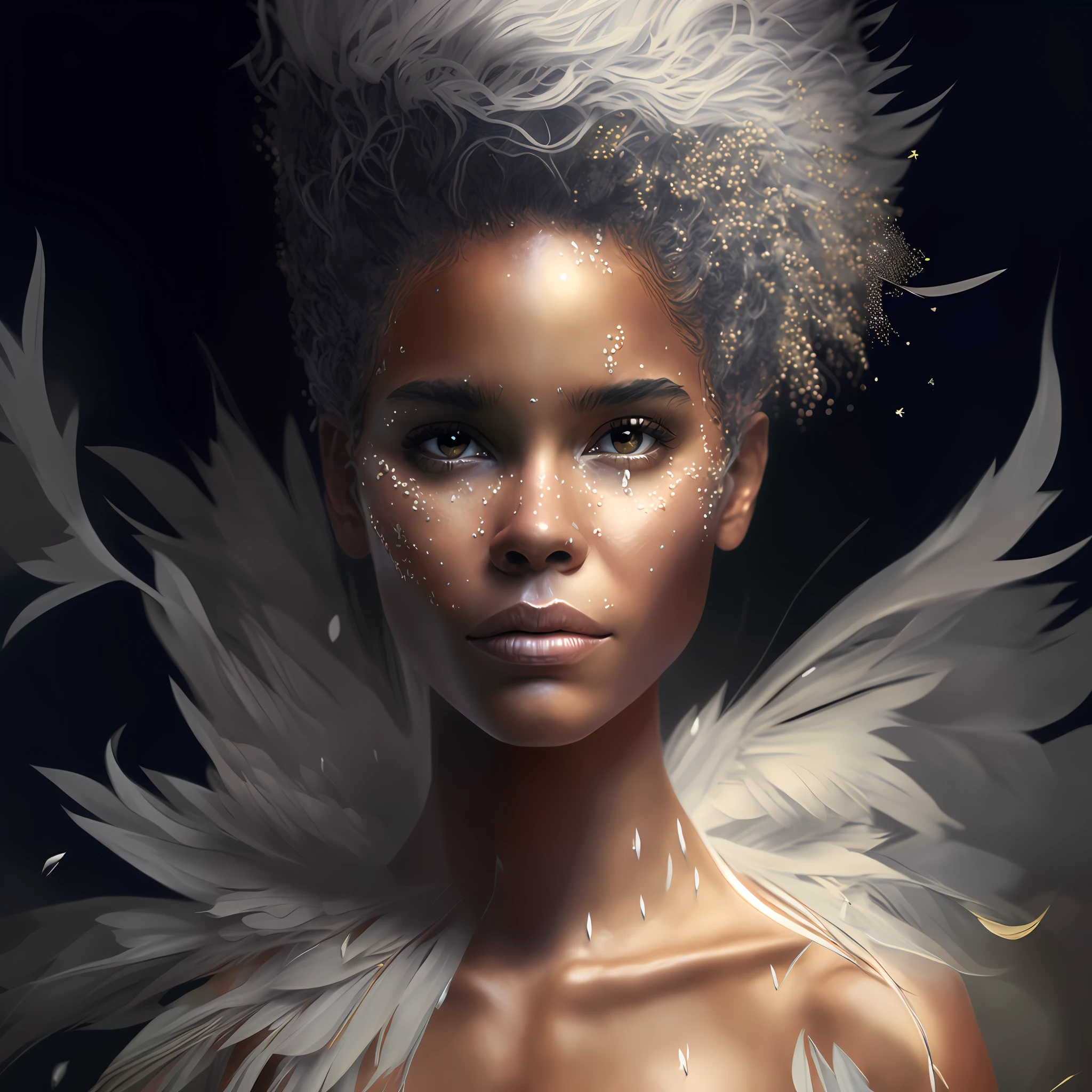 there is a woman with white feathers and a feathered headpiece, stunning digital illustration, detailed matte fantasy portrait, digital fantasy portrait, cgsociety portrait, beautiful fantasy portrait, fantasy concept art portrait, beautiful digital artwork, fantasy art portrait, beautiful digital illustration, fantasy portrait, beautiful fantasy art portrait, detailed beauty portrait, girl with feathers, fantasy art behance