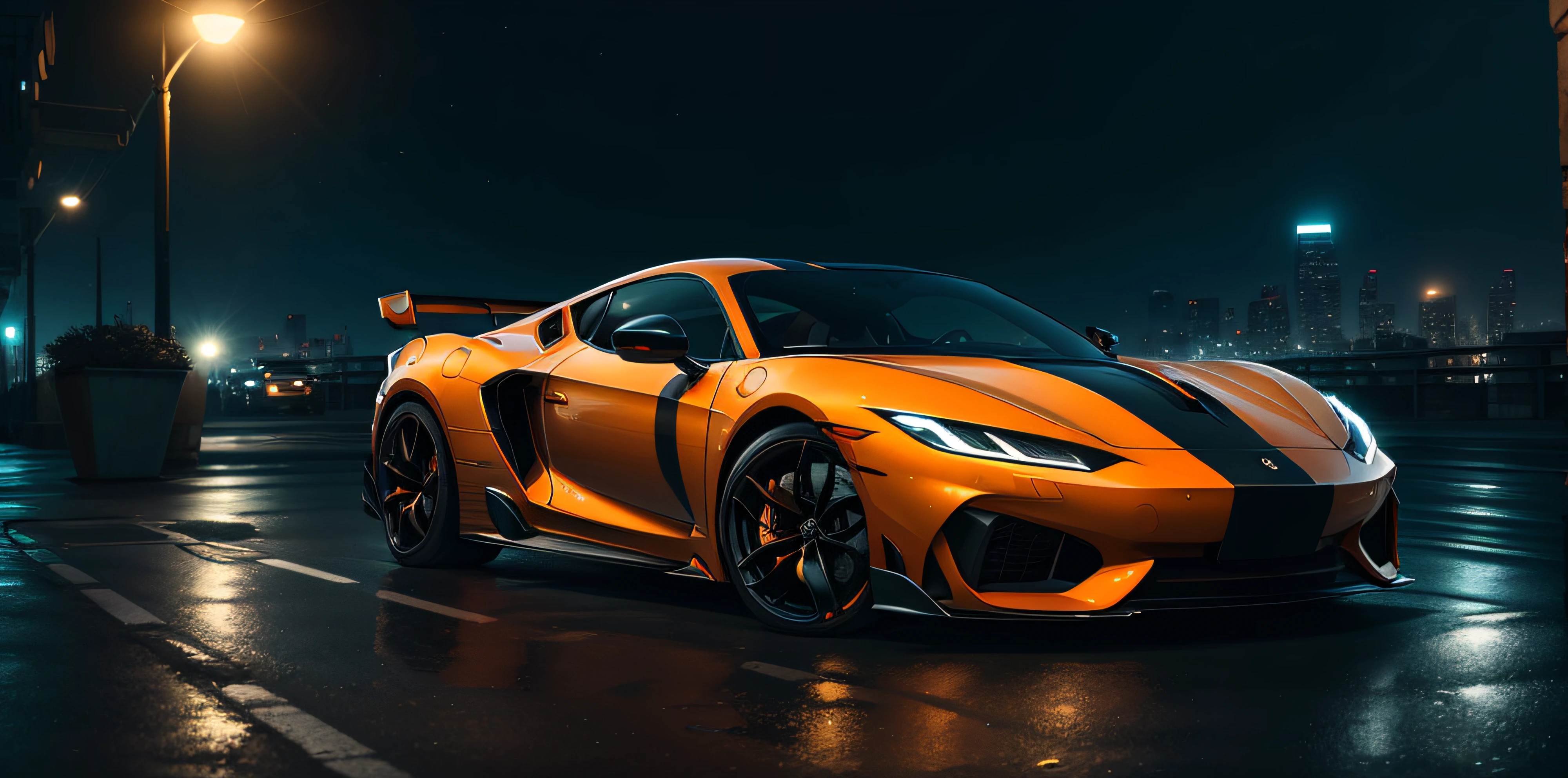 Bright orange sports car driving on city streets at night, vehicle photography, car photography, by Adrian Zingg, supercar rendering, product car shooting, Daniel Seegers, car photography, rendering in lumion pro, extreme rendering, pre-movie lens, Marc Adamus, Anthony Devas, inspired by Adrian Zingg, strong perspective, detailed scenery from afar, strong light perception, strong contrast, complete picture, vehicle size occupies one-fifth of the frame