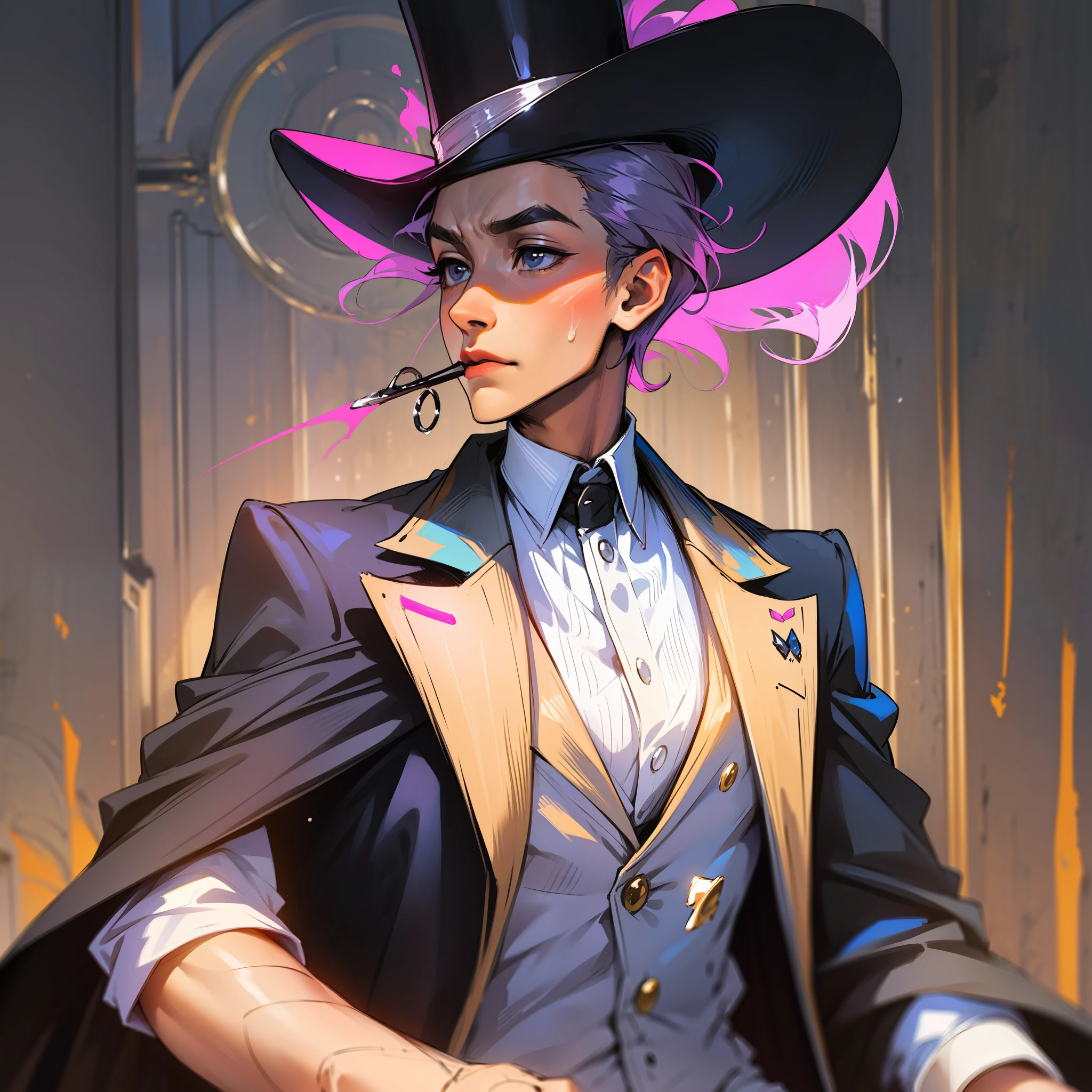 Fictional character with an elegant black cape and a light purple top hat adorned with a razor on the side. He wears a blouse with several necklines and sweatpants, completing the look with black dress shoes.