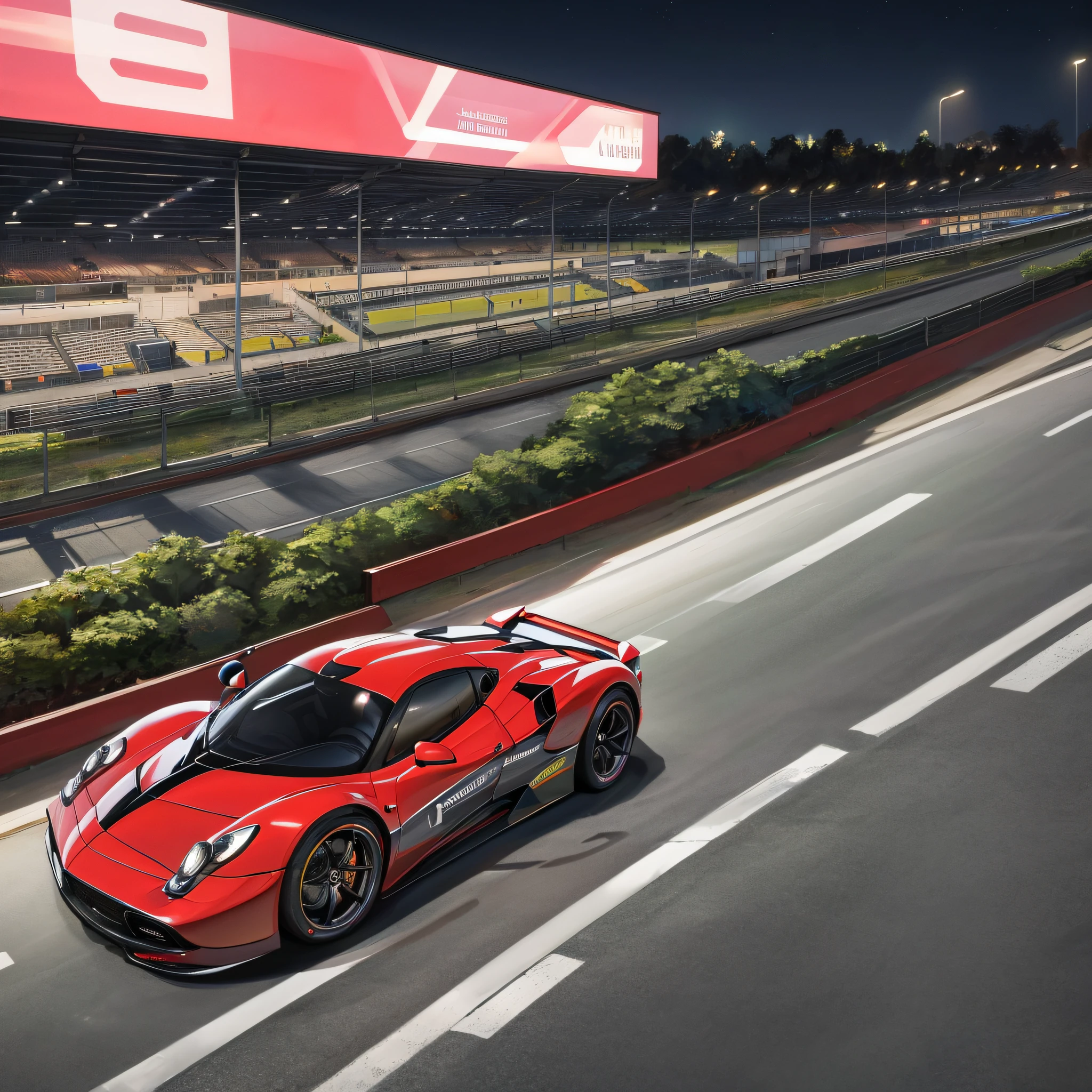 Masterpiece, best picture quality, outdoor, night, racing track, clearance, a Pagani huayra sports car parked on the track, luxury, luxury,