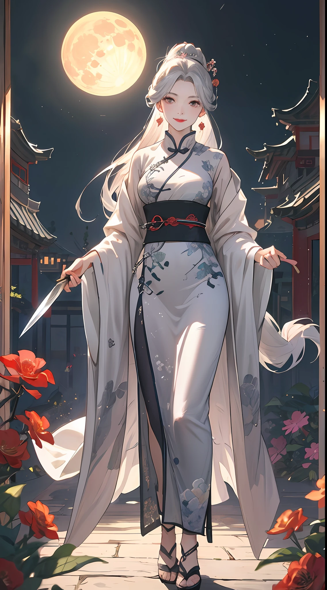 Masterpiece, Superb Beauty, Night, Full Moon, 1 Woman, Mature Woman, Chinese Style, Ancient China, Sister, Royal Sister, Smile, Silver-White Long-Haired Woman, Pale Pink Lips, Calm, Intellectual, Three Bands, Gray Eyes, Assassin, Short Knife, Flower Ball Background, Walking Street View